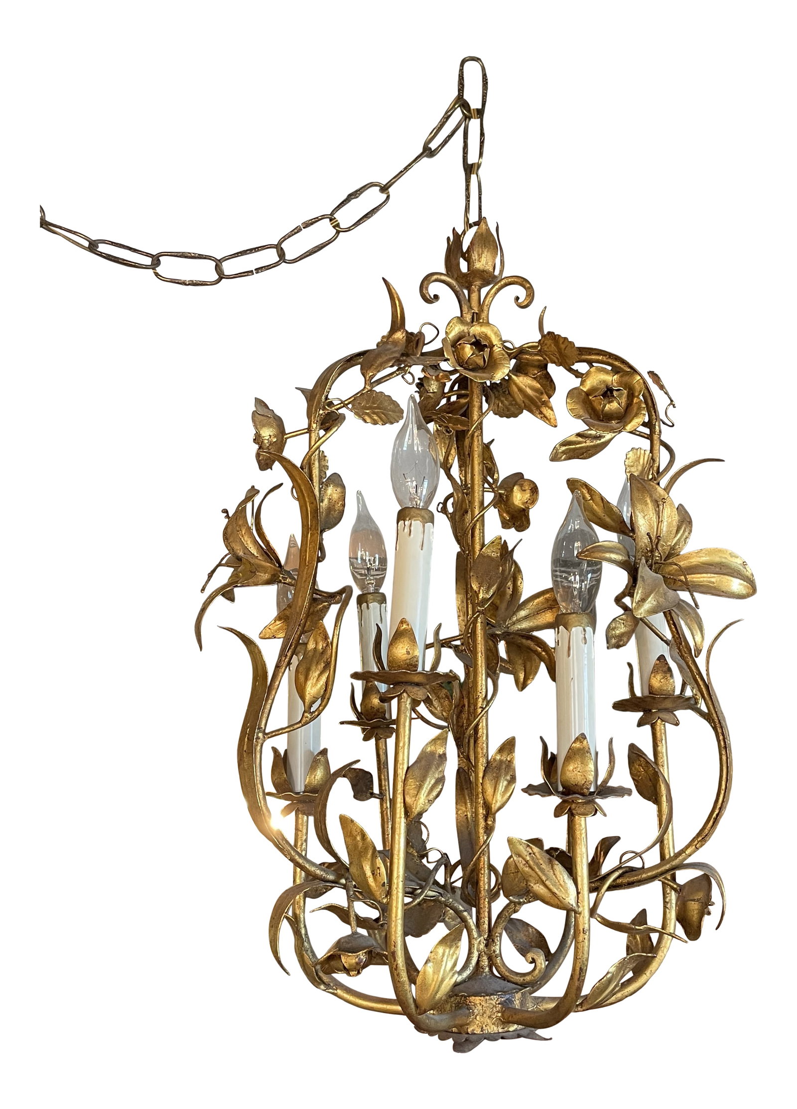 Vintage 1960s Italian Mid Century Hollywood Regency Six Light Gilt Floral Chandelier: Vintage 1960s Italian Mid Century Hollywood Regency Gilt Floral and Fauna Six Light Chandelier. Beautiful styling and design. Excellent vintage condition with only minimal wear associated with age and