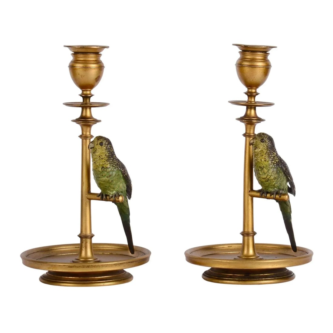 1900s Budgie Parakeet Cold Painted Bronze Candle Holders- a Pair - 2