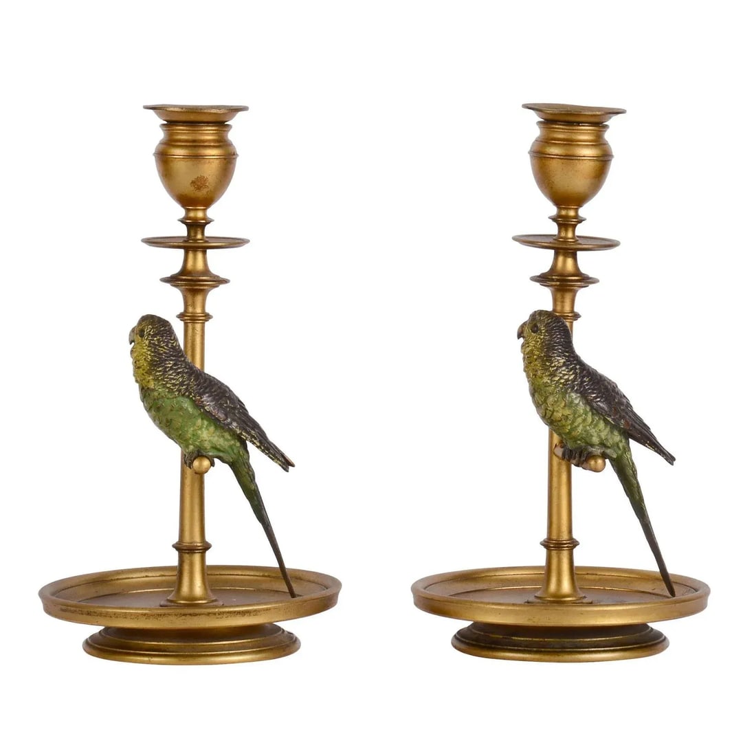 1900s Budgie Parakeet Cold Painted Bronze Candle Holders- a Pair - 3