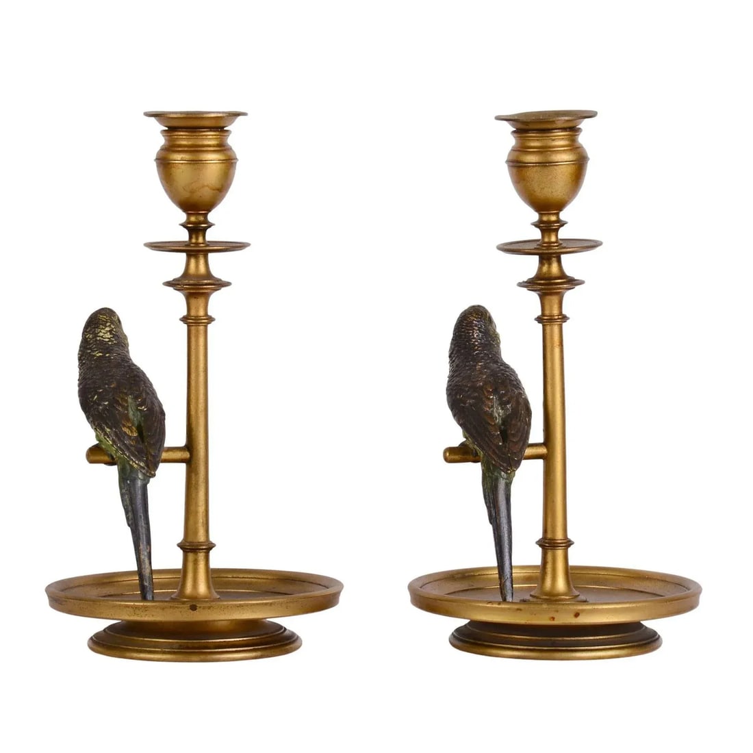 1900s Budgie Parakeet Cold Painted Bronze Candle Holders- a Pair - 4
