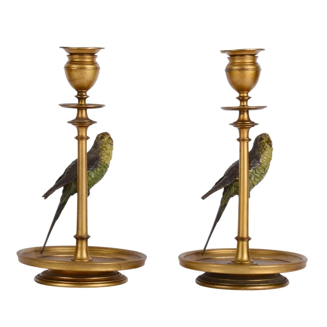 1900s Budgie Parakeet Cold Painted Bronze Candle Holders- a Pair - 5