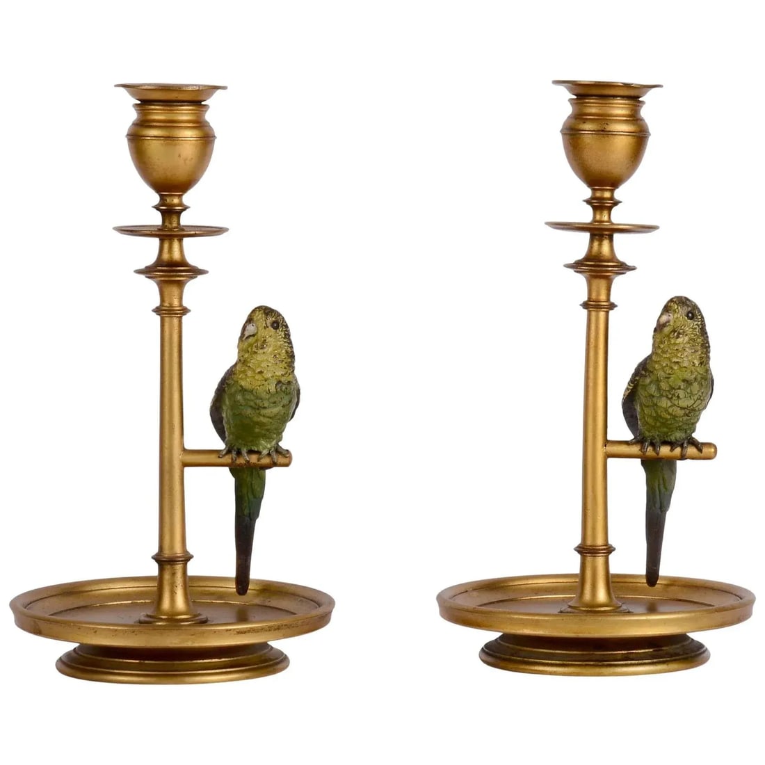 1900s Budgie Parakeet Cold Painted Bronze Candle Holders- a Pair - 6