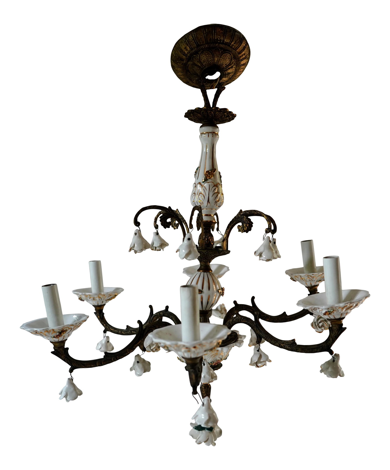 Vintage 1950s Italian Capodimonte Style Porcelain and Brass Six Light Chandelier: Vintage Italian Capodimonte style chandelier featuring ornate cast brass and handpainted porcelain, with 19 rose ornaments. Harmonious and subdued brass and cream color scheme, with gold accents.