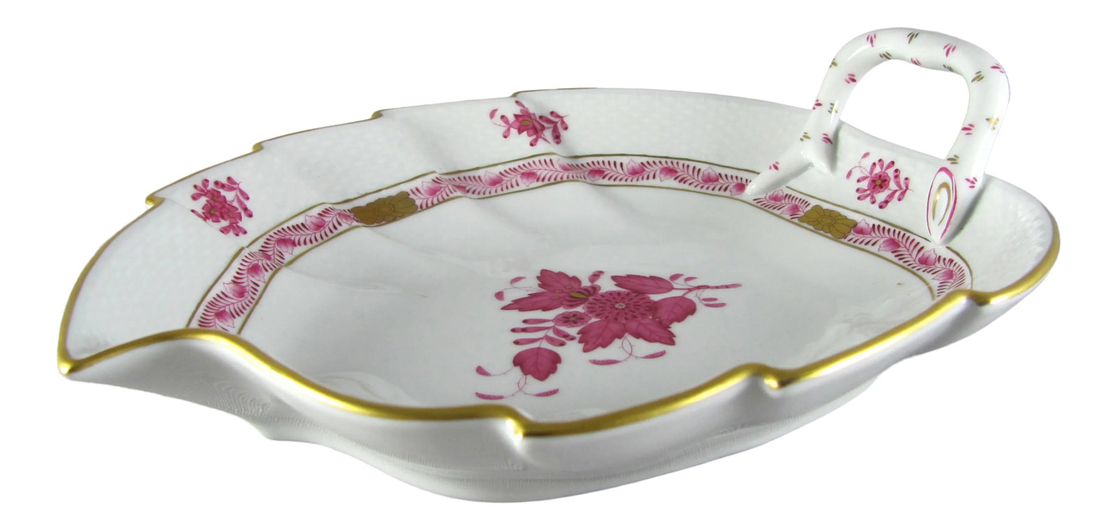 9-3/8" Herend Chinese Bouquet Raspberry Handled Leaf Dish Bowl: Hand painted colors and glossy glaze are vibrant and crisp with little, if any, color loss No chips nor cracks nor crazing nor staining Light utensil marks Discolored scuffing on underside bottom