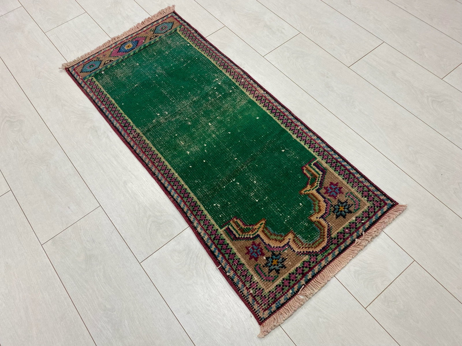 1960s Vintage Green Color Natural Pastel Rug - 2