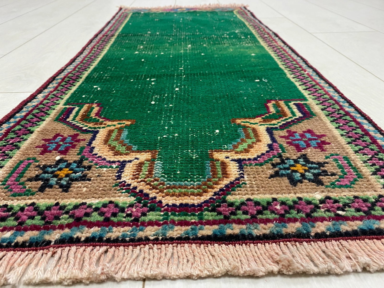 1960s Vintage Green Color Natural Pastel Rug - 4