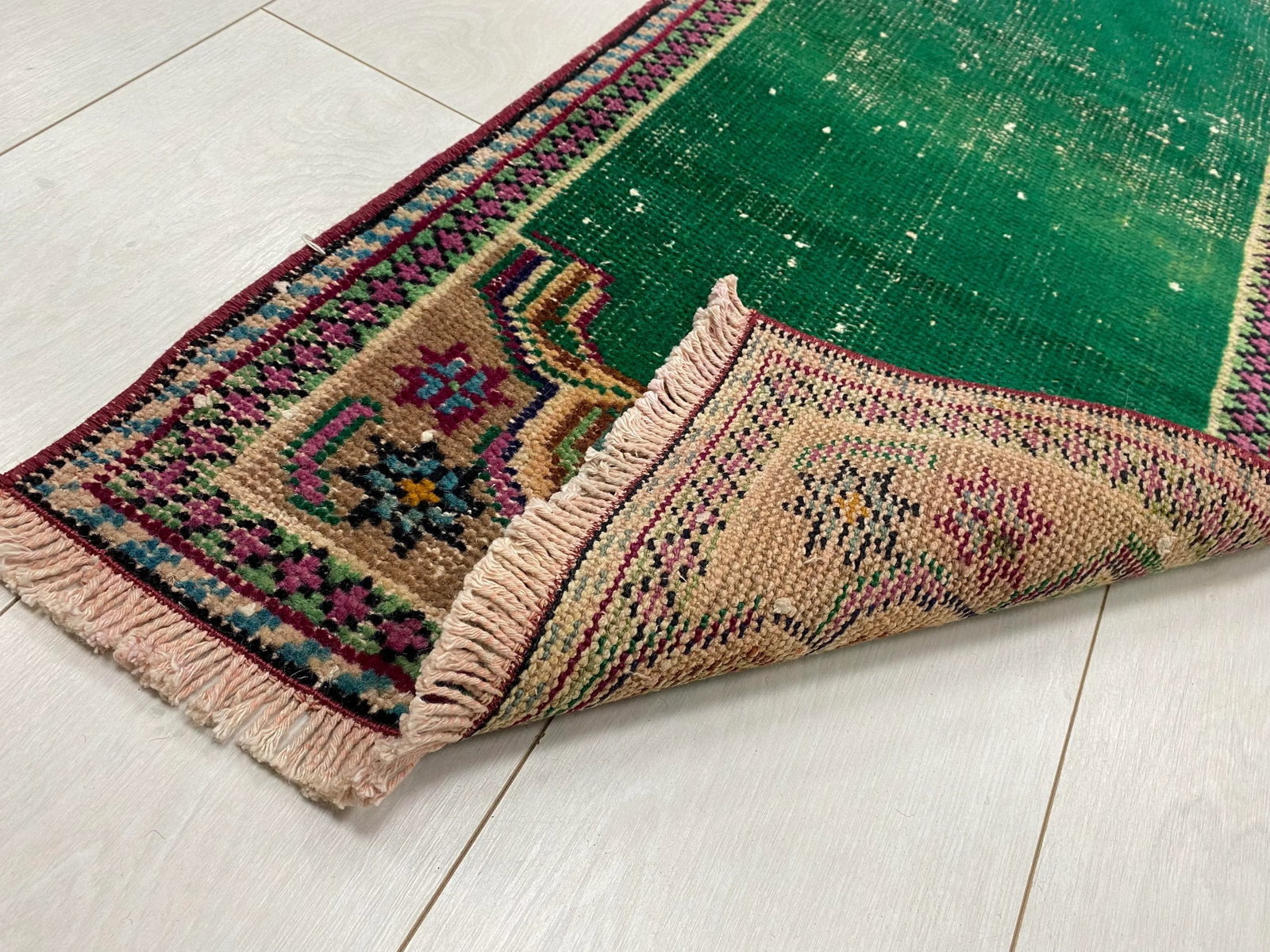 1960s Vintage Green Color Natural Pastel Rug - 5