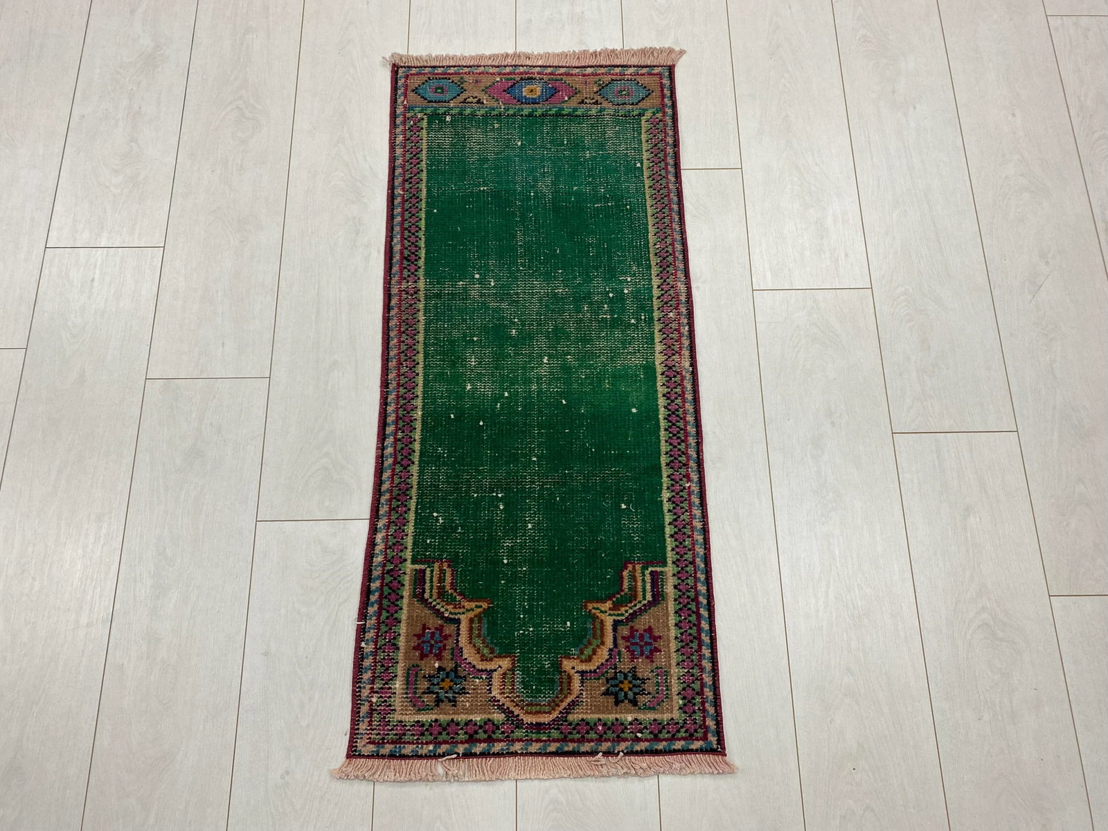 1960s Vintage Green Color Natural Pastel Rug - 6