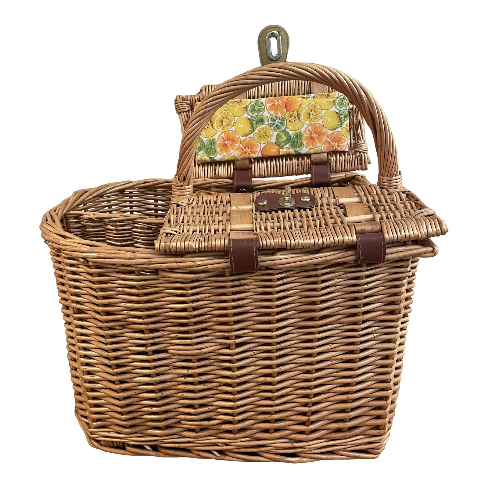 Vintage Wicker Wine & Cheese Basket- Lined: This wonderful vintage basket is perfect for wine and cheese outdoors on a beautiful day! Holds 2 bottles plus space for glasses, cheese, utensils, etc. Take it to the beach, on a bike ride, or your b