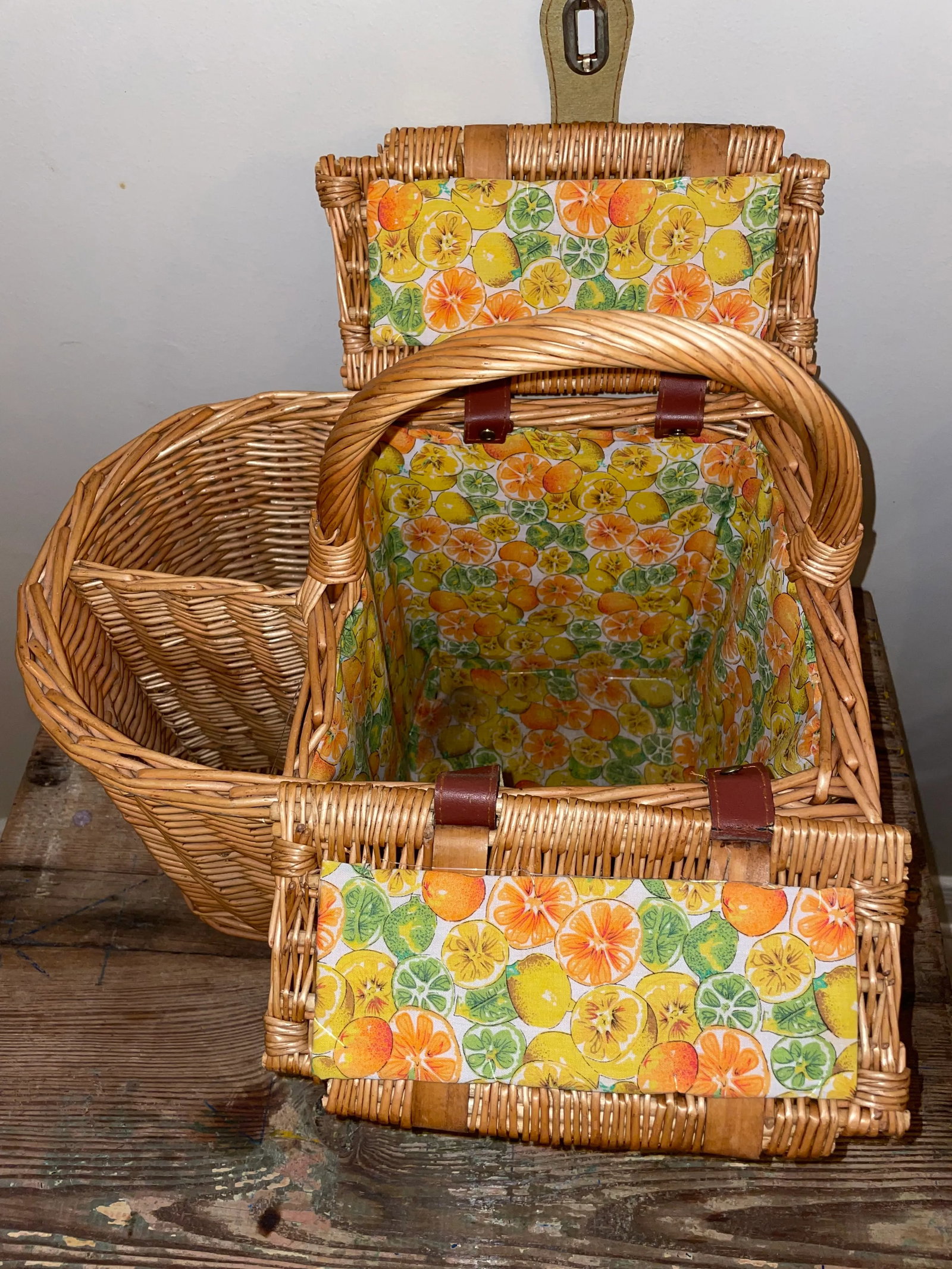 Vintage Wicker Wine & Cheese Basket- Lined - 3