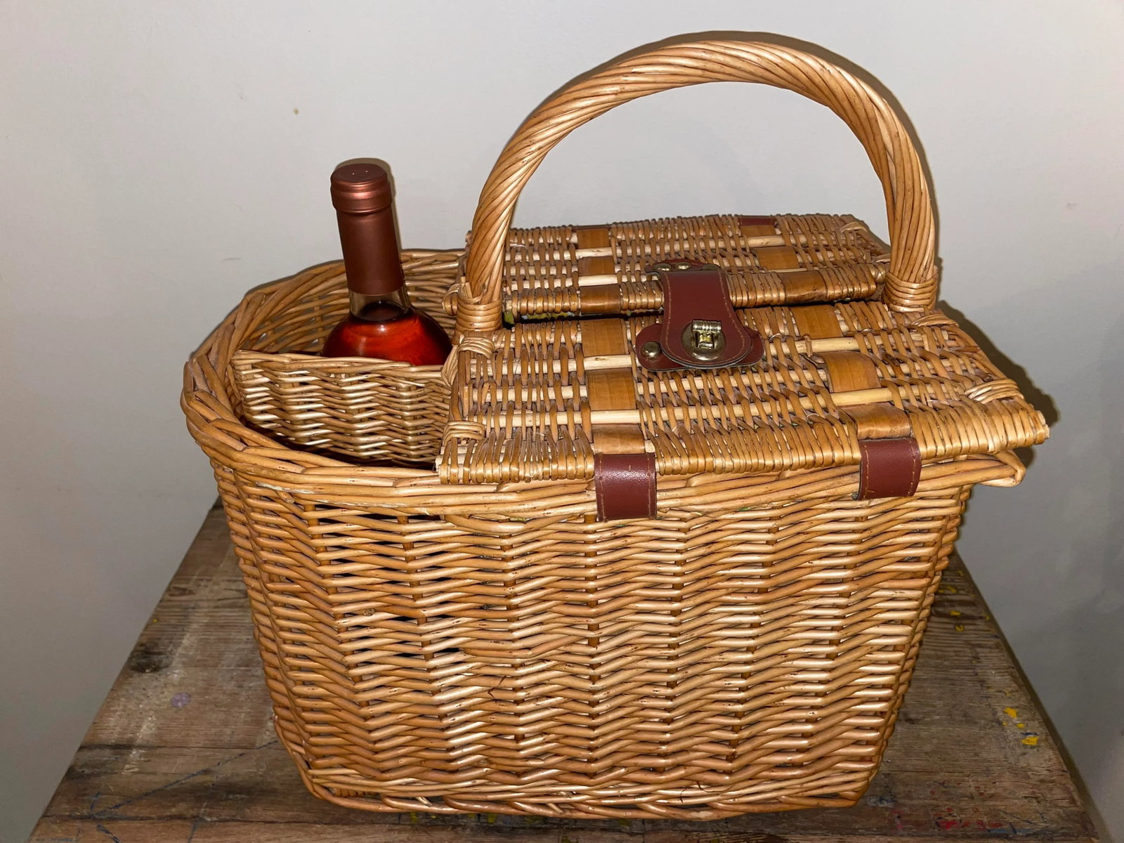 Vintage Wicker Wine & Cheese Basket- Lined - 7