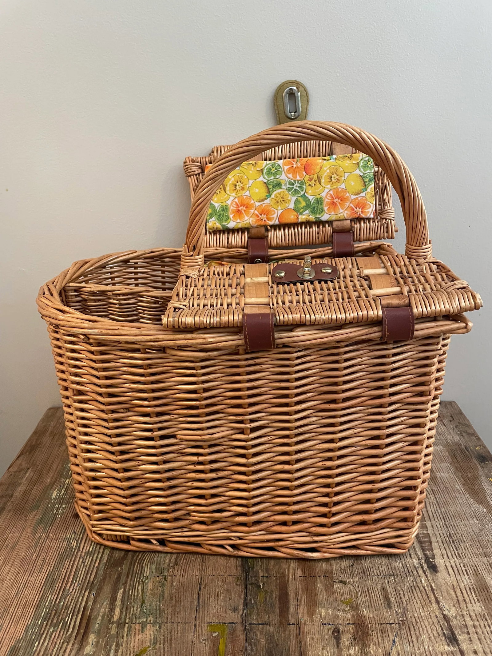 Vintage Wicker Wine & Cheese Basket- Lined - 9