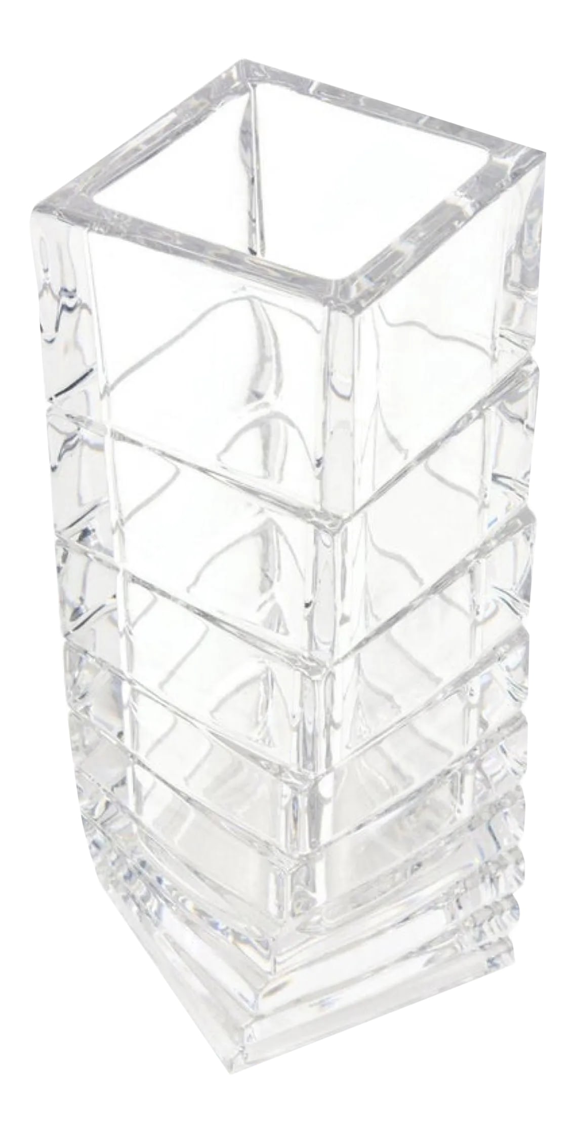 Rosenthal Mid-Century Modern Twisted Glass Sculptural Vase Vintage: This shape and variance in this twisted and staggered Mid-Century Modern Rosenthal glass vase is usually seen in white porcelain rather than in clear glass. This is unusual now in the market. It is