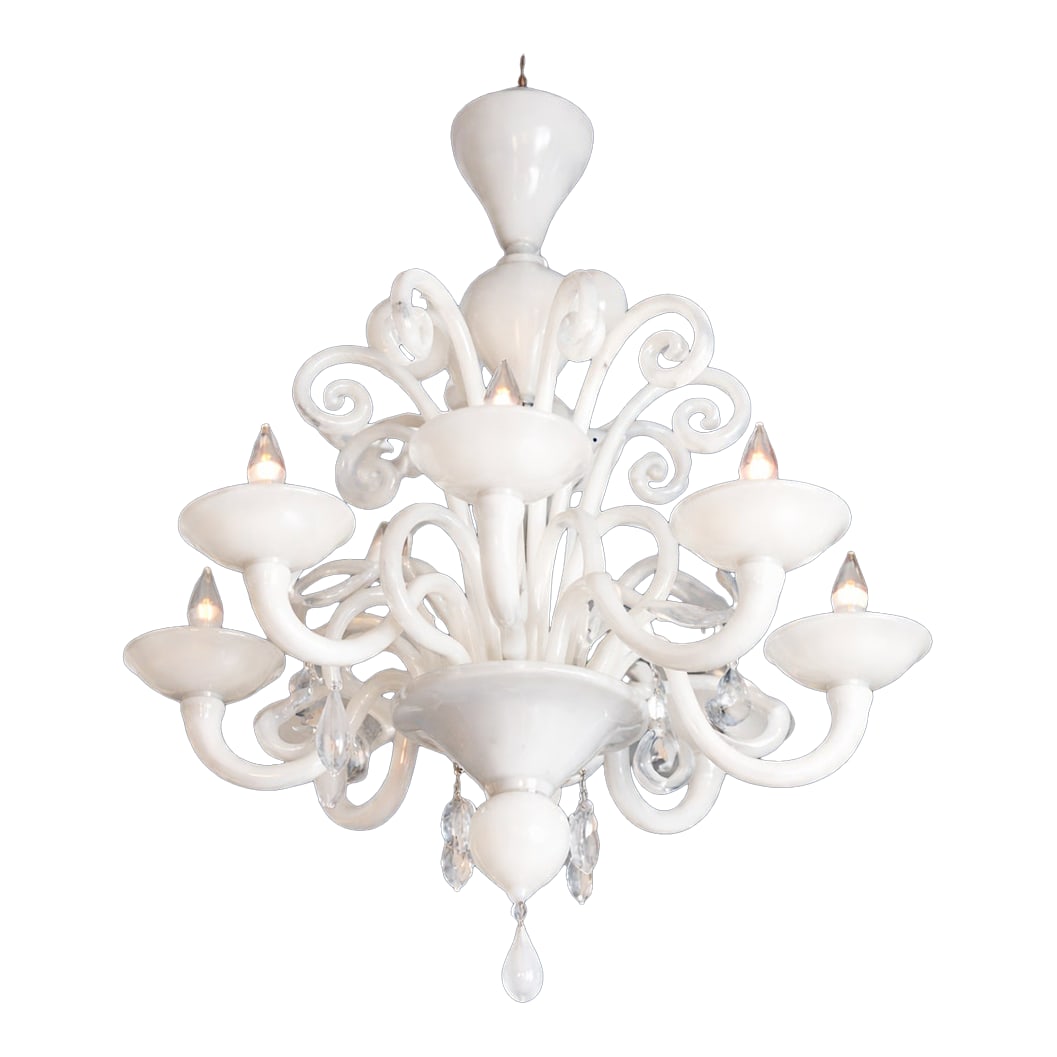 Contemporary Italian Murano Glass Chandelier in White, 6-Light, Design Within Reach: Elegant Italian Murano glass chandelier featuring hand-formed white glass arms in a classic Venetian silhouette. Originally retailed by Design Within Reach, this piece showcases the timeless