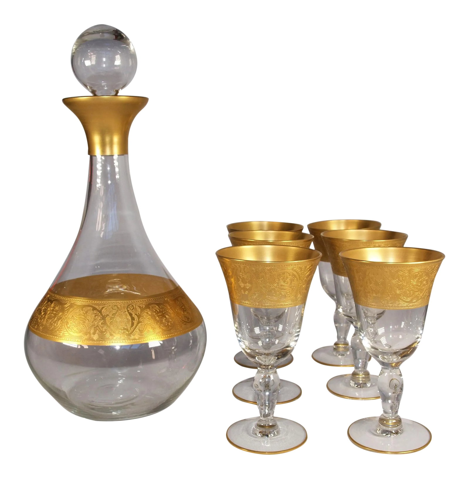 1970s Hand-Blown Wide Gold Band Glass Decanter & 6 Glasses Set (1 of 7)