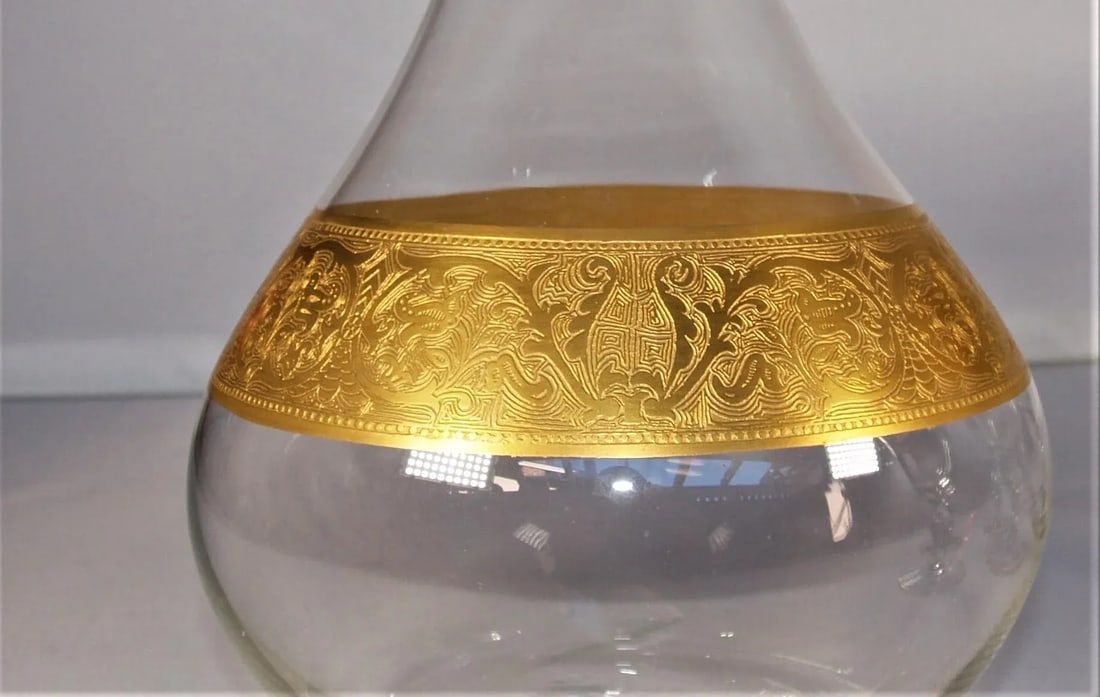 1970s Hand-Blown Wide Gold Band Glass Decanter & 6 Glasses Set - 3