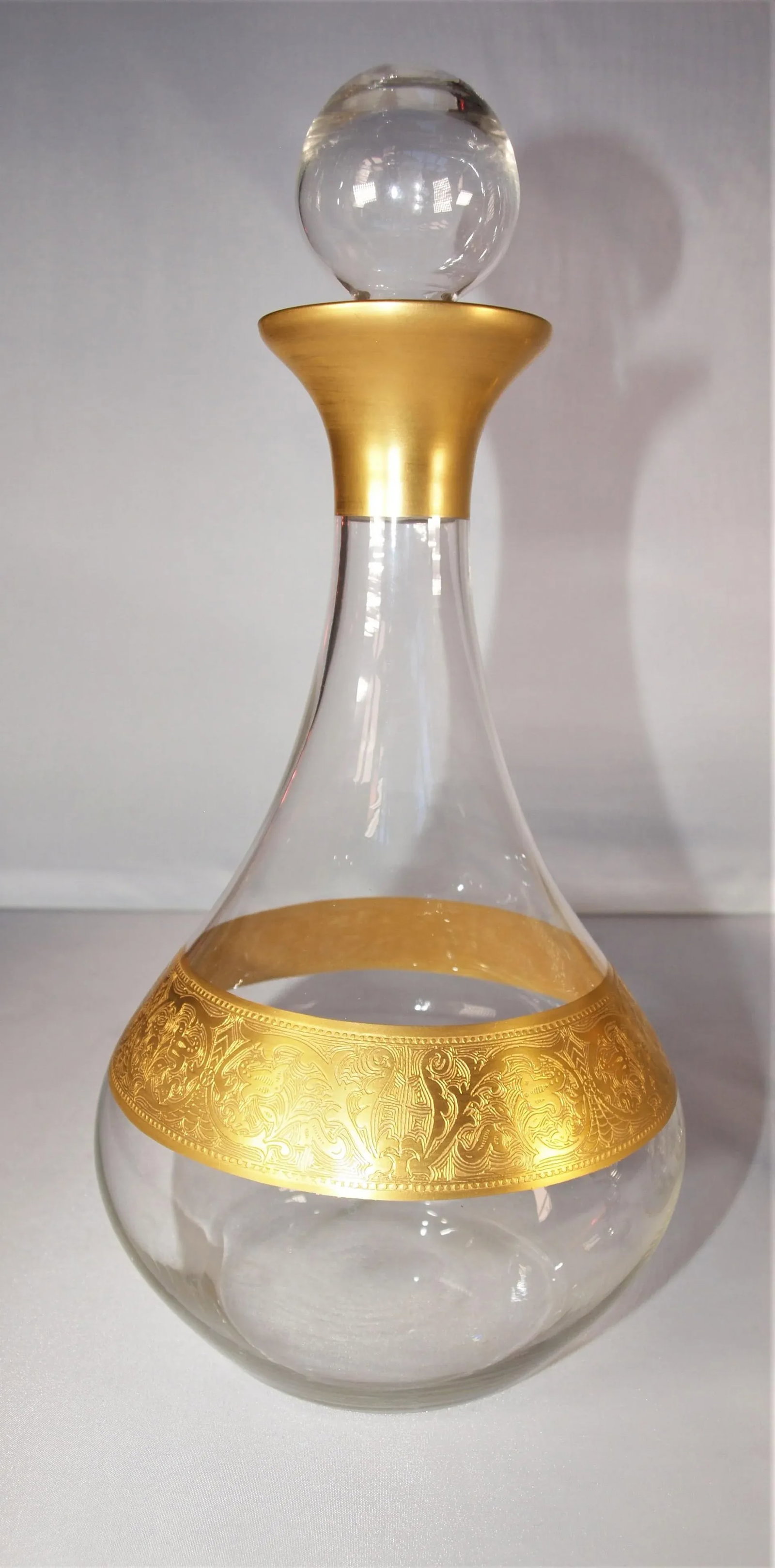 1970s Hand-Blown Wide Gold Band Glass Decanter & 6 Glasses Set - 4