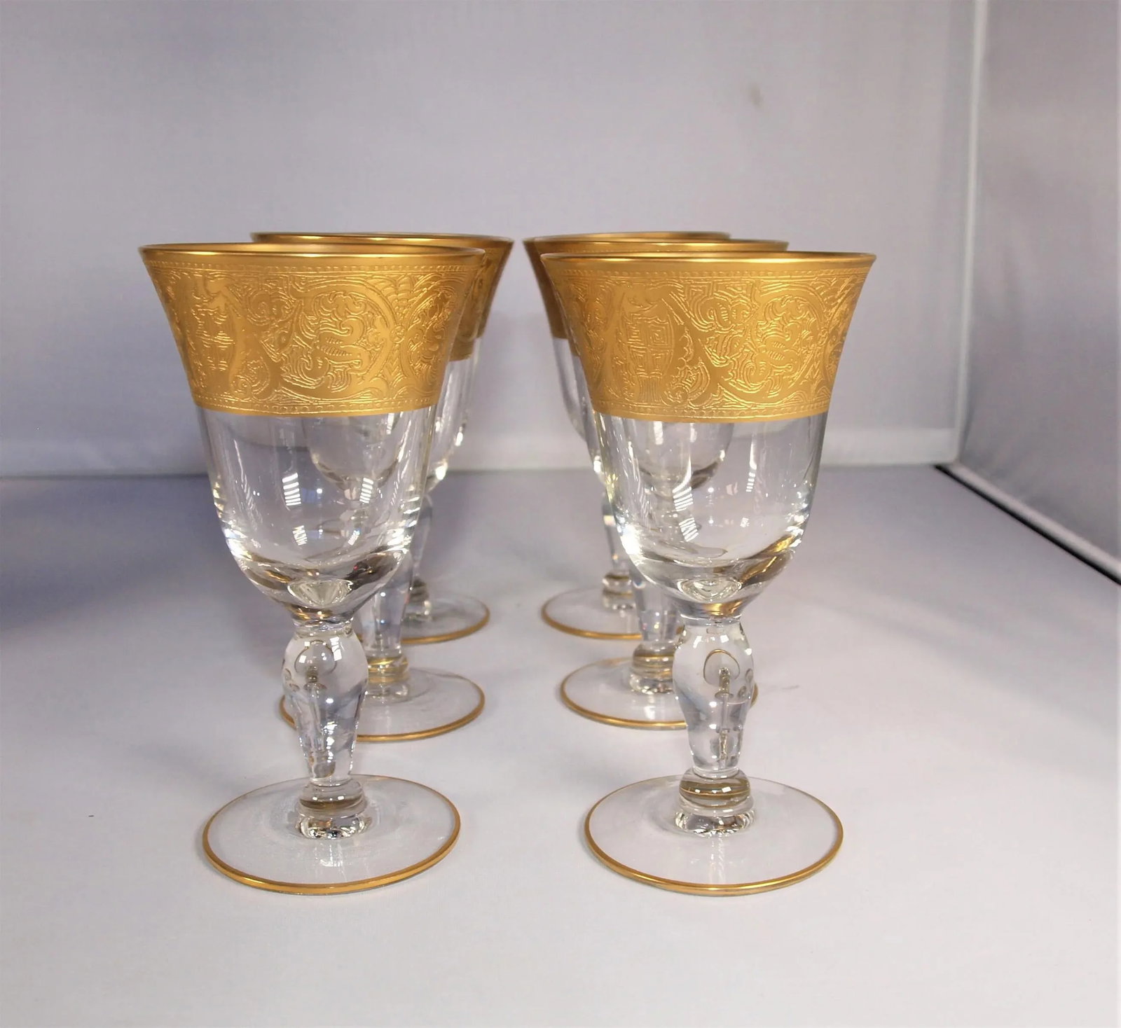 1970s Hand-Blown Wide Gold Band Glass Decanter & 6 Glasses Set - 5