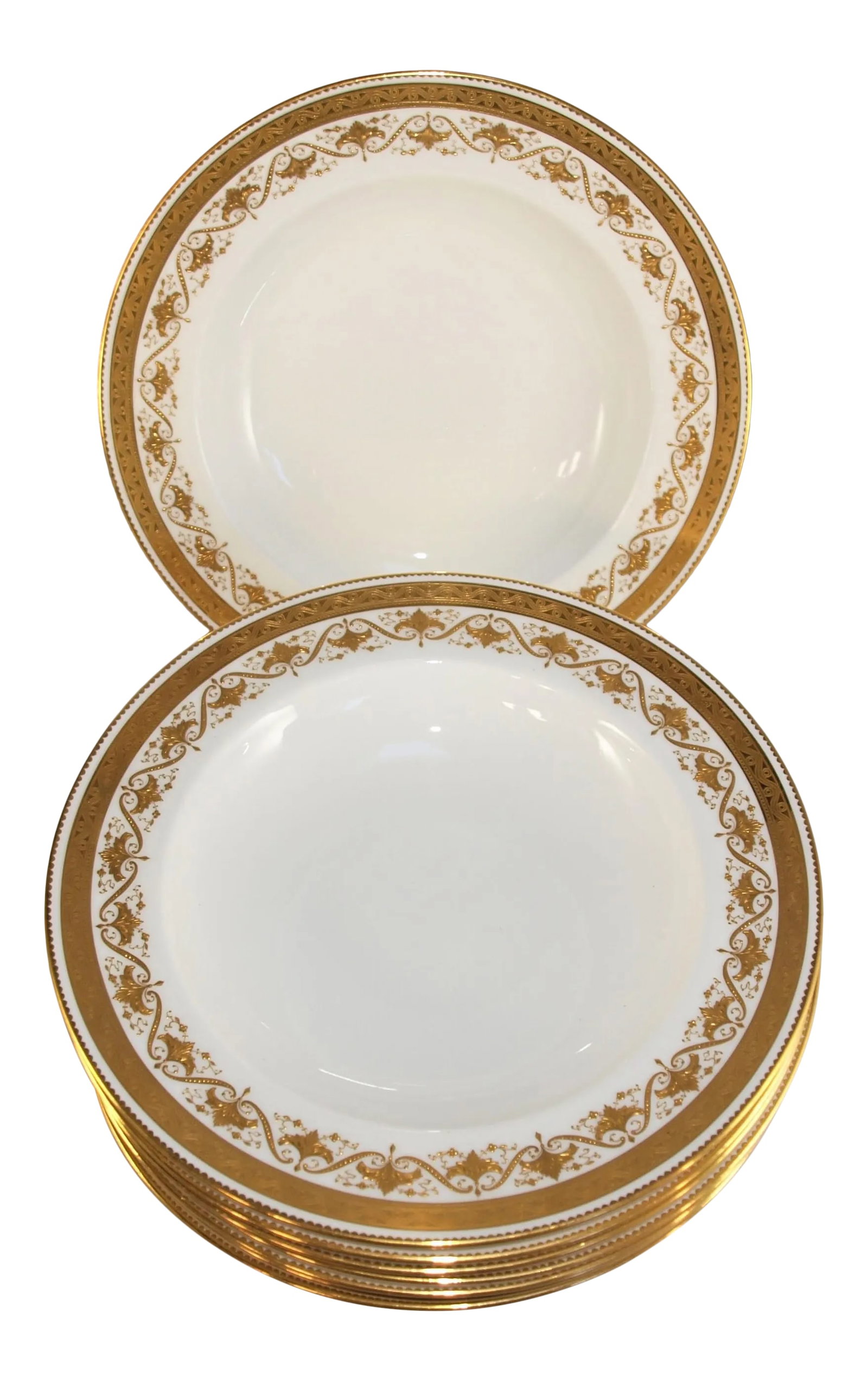 1940s Minton for Tiffany & Co. Gold Rim Soup Bowls - Set of 8: An antique set of 8 gold rim soup bowls made by Minton for Tiffany & Company. Double textured raised gold rim on each. Measures 10" diameter, 1 3/4" high. Gold rim measures 1 1/2" wide. Great