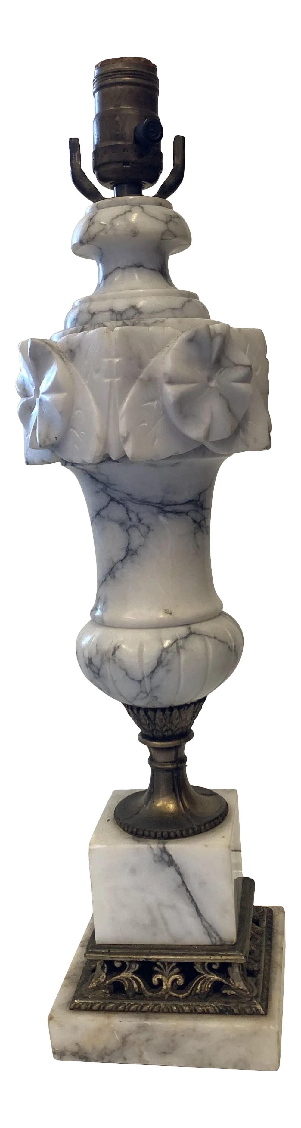 Mid 20th Century Marble & Brass Lamp: Beautiful carved black and white marble with beautiful metal accents. Condition: Alterations: Original Condition Unaltered Imperfections: Some Imperfections Condition Notes: There is one brown spot