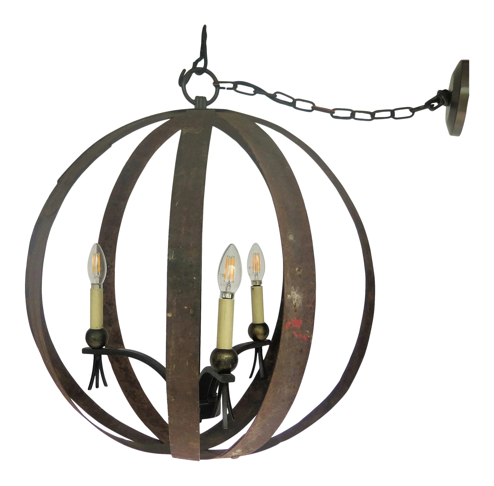 Vintage 3 Light Original Rusted Wine Barrel Orb Chandelier: This 1940s wine barrel Orb is crafted together by 8 pieces of iron that are bent and then welded together. The 3 lights are elegant contemporary electrical lighting which brings the whole piece into