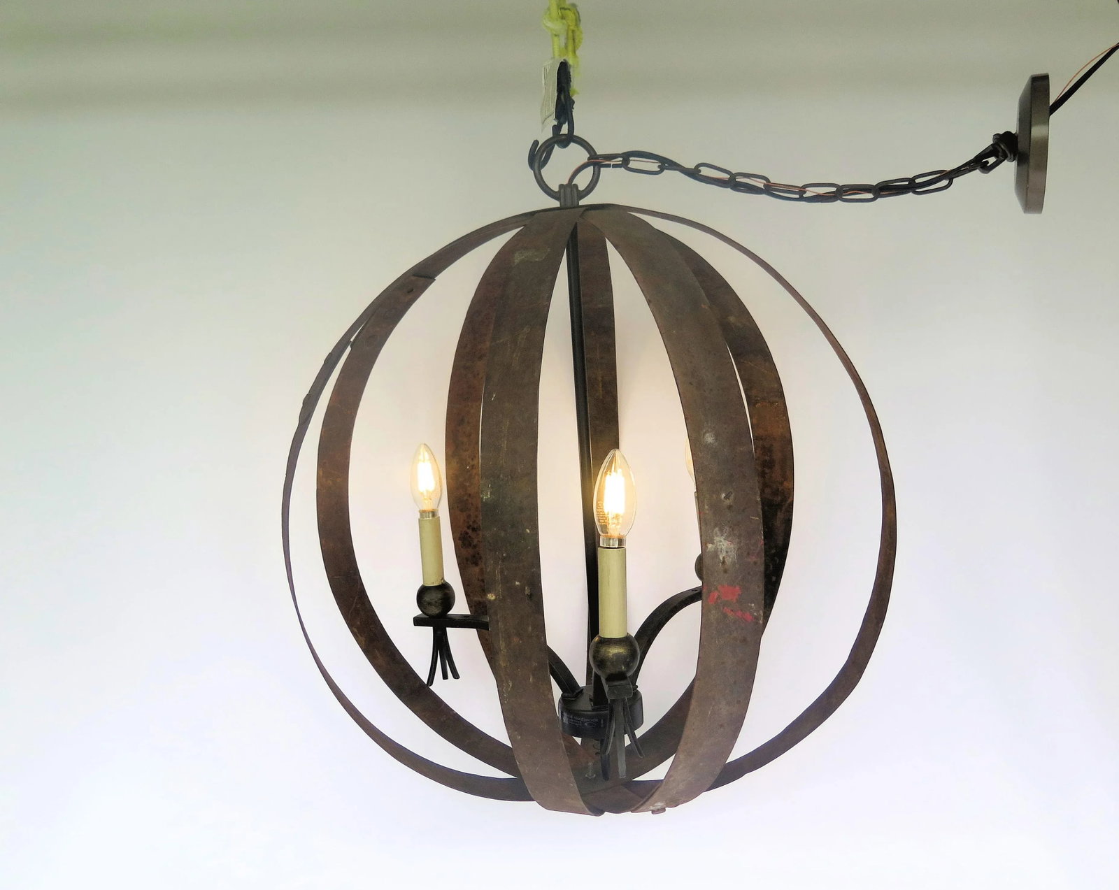 Vintage 3 Light Original Rusted Wine Barrel Orb Chandelier - 2