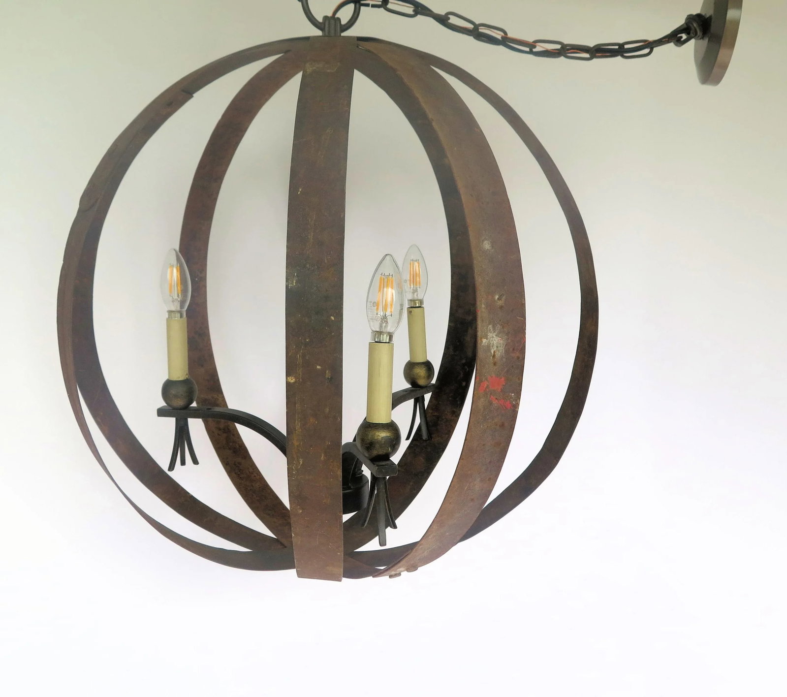 Vintage 3 Light Original Rusted Wine Barrel Orb Chandelier - 3