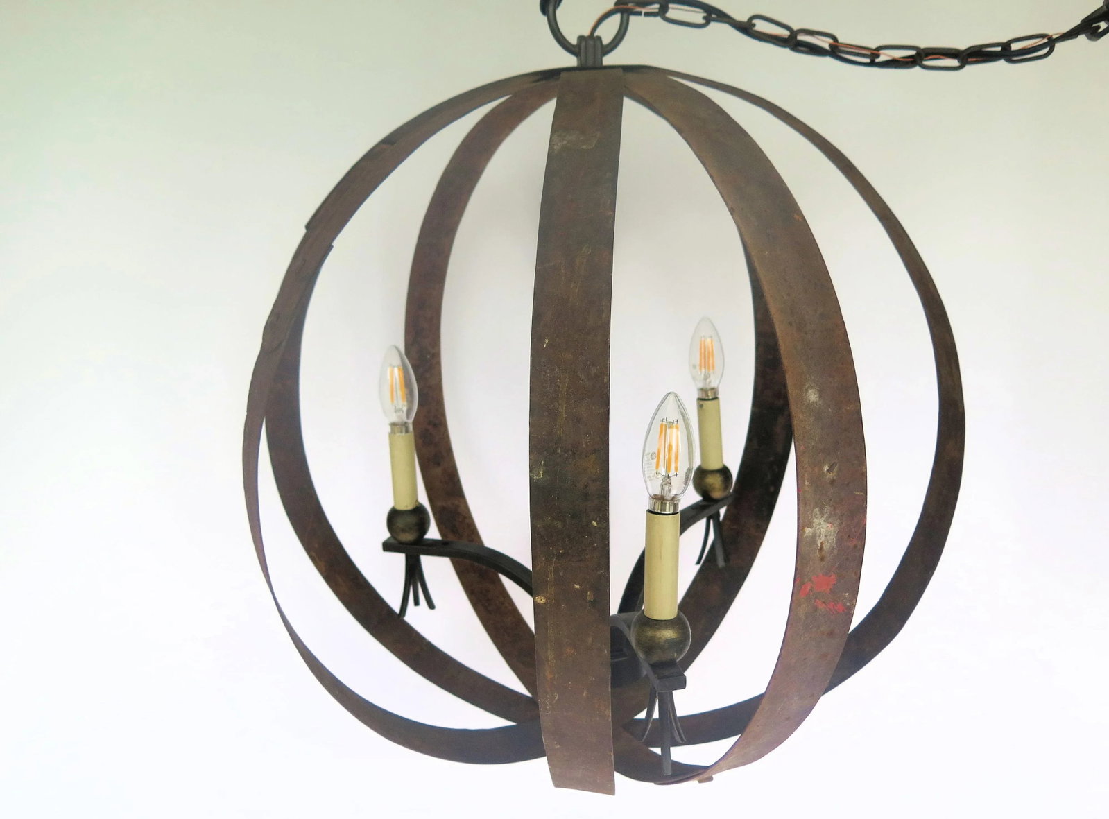 Vintage 3 Light Original Rusted Wine Barrel Orb Chandelier - 5