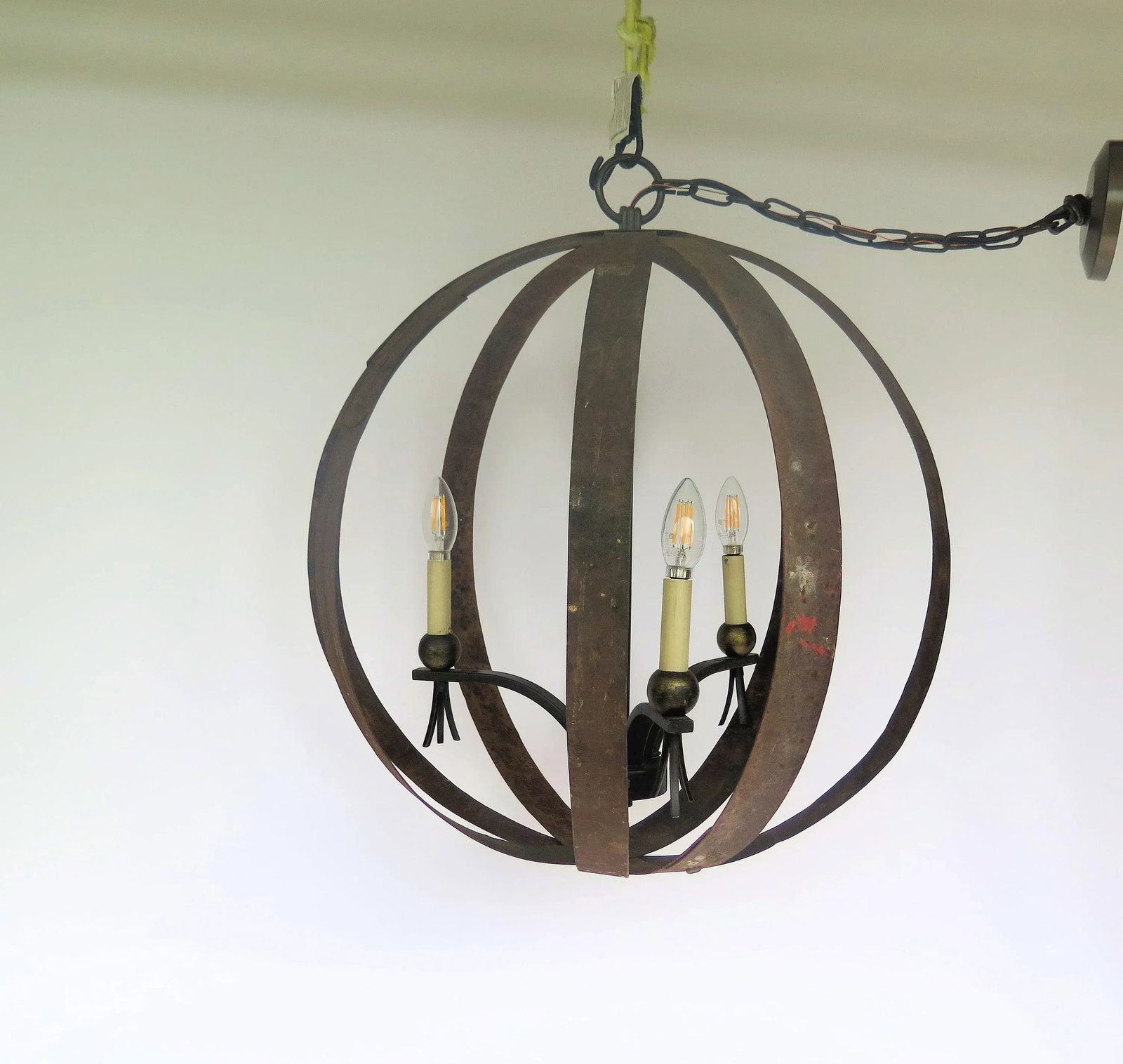 Vintage 3 Light Original Rusted Wine Barrel Orb Chandelier - 6
