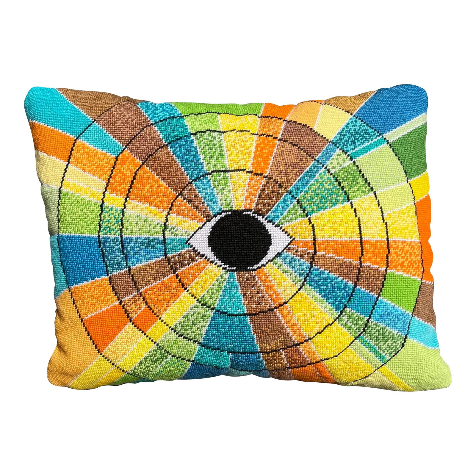 Contemporary "California Dreamin'" Hand-Embroidered Needlepoint Pillow: We're mad for mod! Hand-embroidered canvas is created with a multitude of individual colored stitches in complementary shades. The kaleidoscope of colors fuse together to create an extraordinary, one
