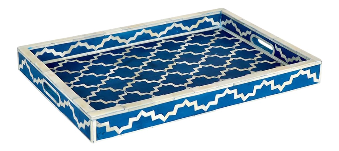 Blue Bone Inlay Tray: A beautiful, simple way to add a little organization to your bathroom, bedroom or kitchen, this bone-inlaid tray features a traditional design and sturdy medium-density fiberboar. Size 14"" x 20" x 2"