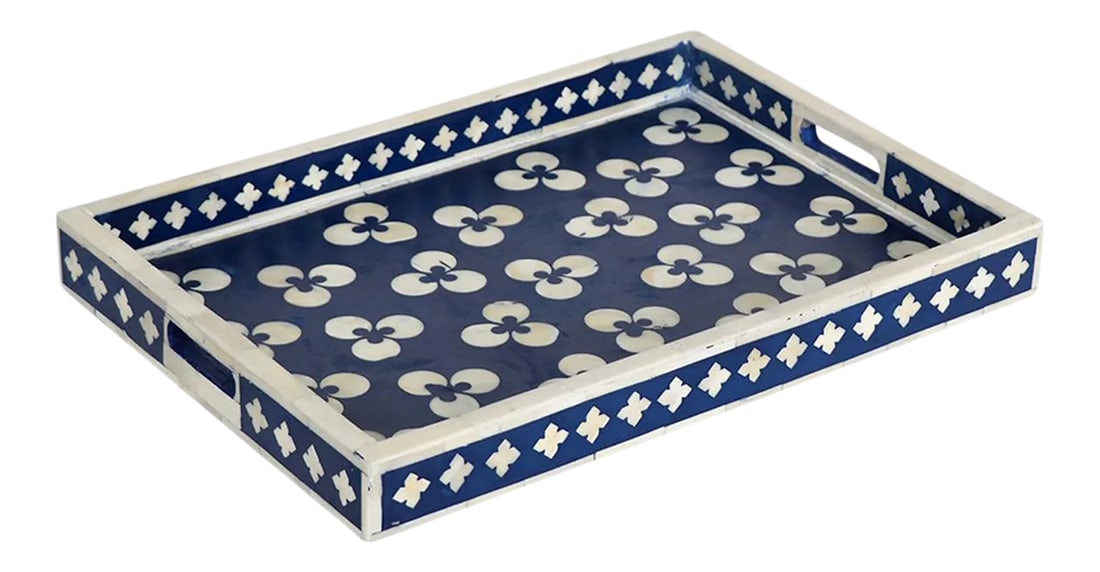Chintamani Blue Bone Inlay Tray: Serve your guests in style with this beautiful bone-inlaid tray. Handmade in India, it makes a stunning addition to any tabletop. Each of our bone-inlaid pieces was carefully crafted by hand,