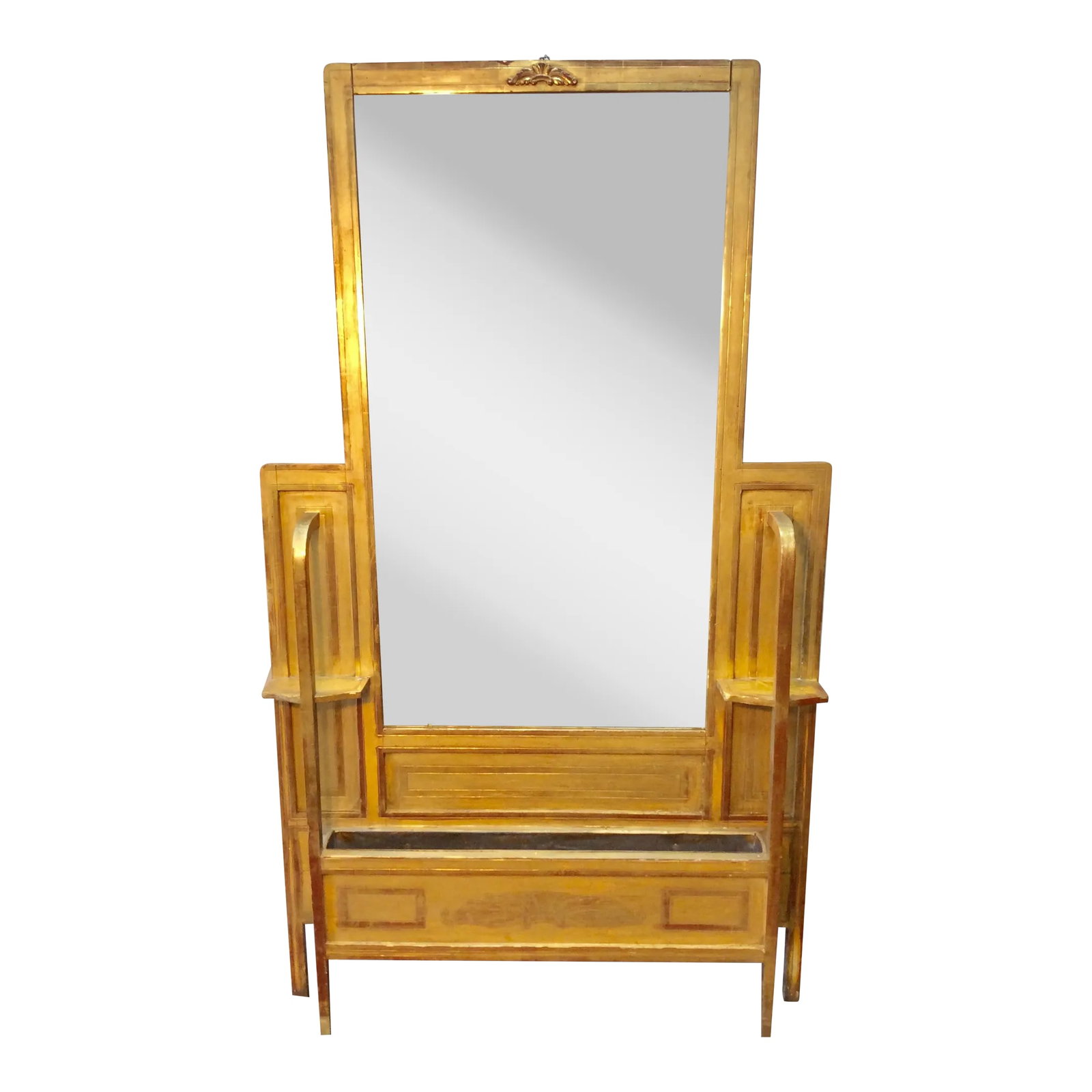 Early 1900s French Art Deco Gold Gilt Hall Mirror Jardinere: Found in the South of France, this Early 1900s French Art Deco Gold Gilt Hall Mirror was once used in a Parisian Hotel. The piece features a beveled mirror adorned at the top with foliate ornamentatio