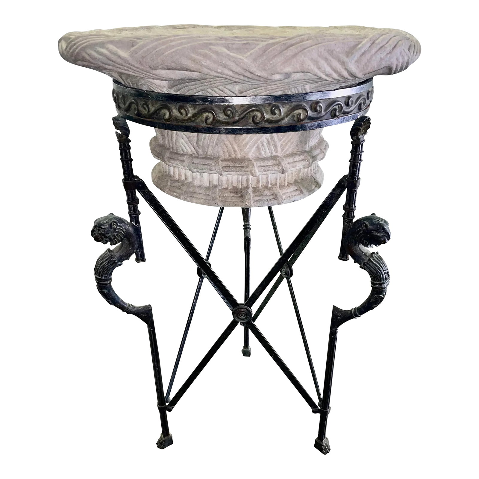 Neoclassical Revival Maitland-Smith Empire-Style Iron and Stone Lion Pedestal Jardiniere Planter: Amazing jardiniere in the Empire style manufactured by Maitland Smith in the 1980s with a stone planter bowl that rests on criss cross tripod base with medallions, lions and paw feet. Offers a modern 
