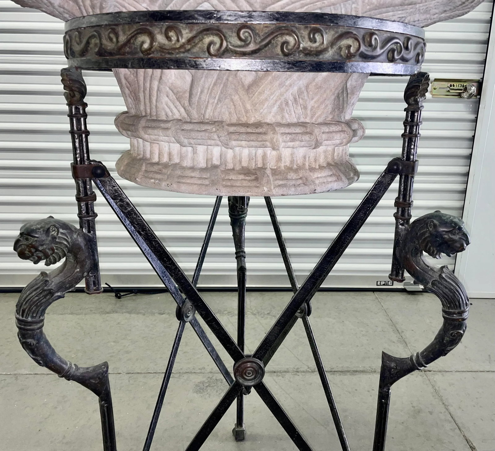 Neoclassical Revival Maitland-Smith Empire-Style Iron and Stone Lion Pedestal Jardiniere Planter - 2
