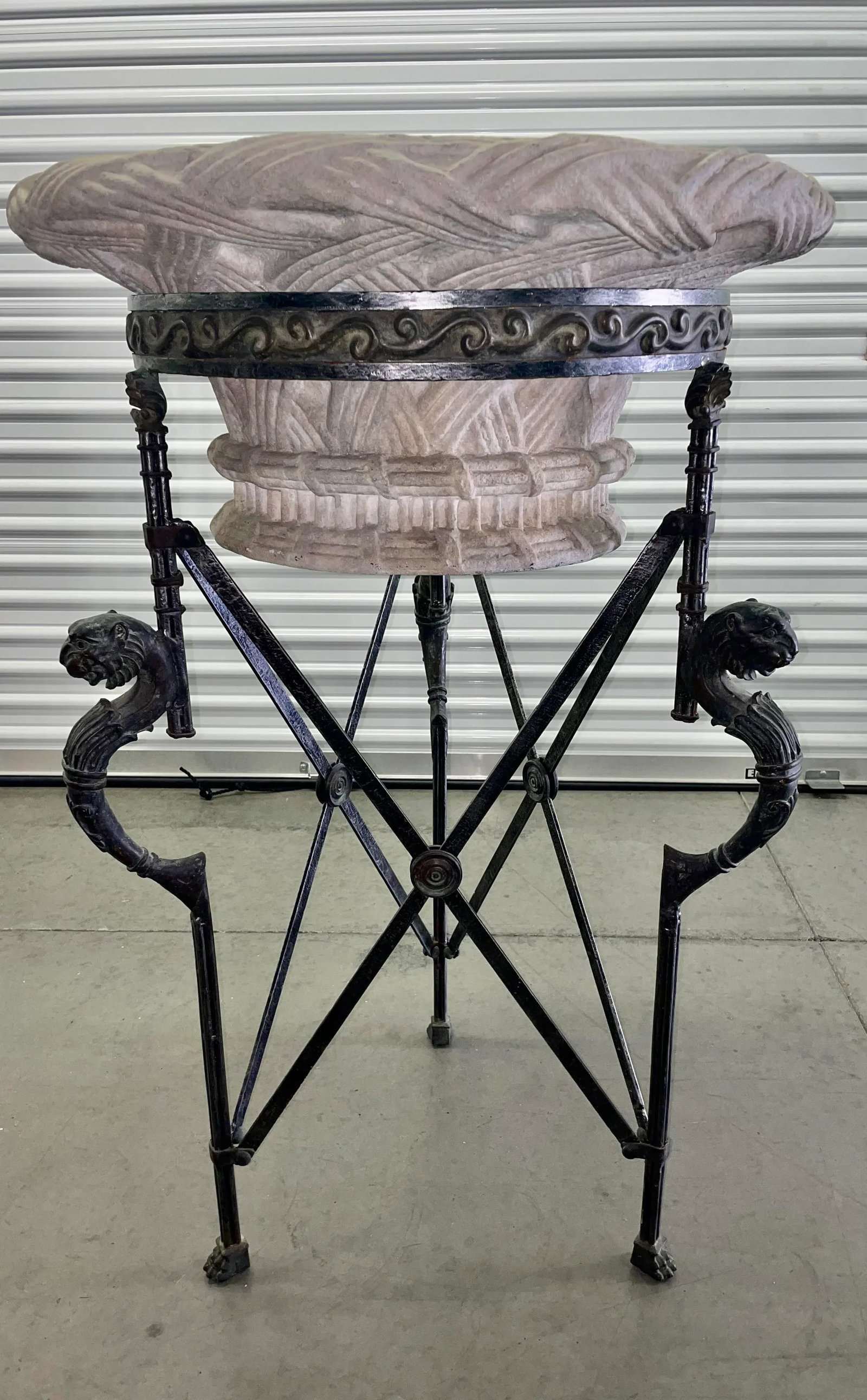 Neoclassical Revival Maitland-Smith Empire-Style Iron and Stone Lion Pedestal Jardiniere Planter - 3