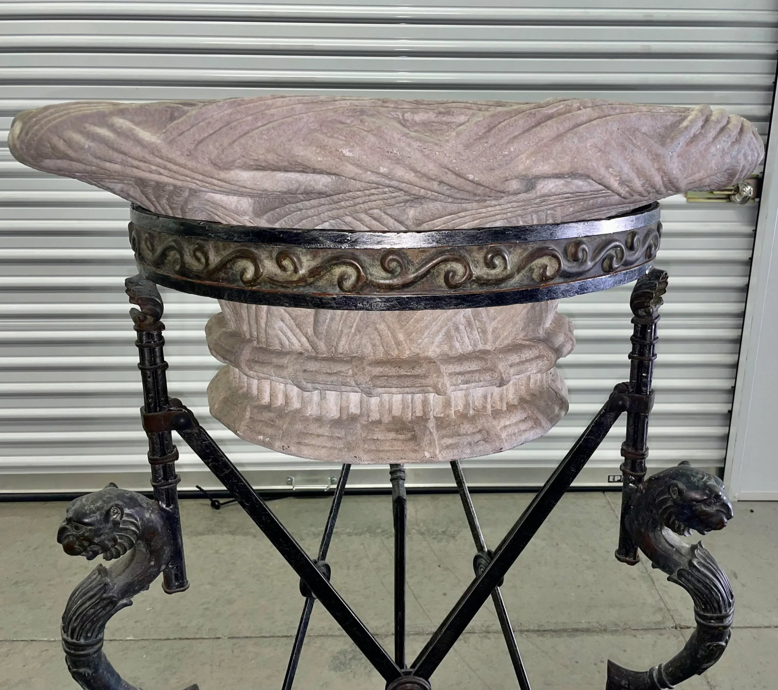 Neoclassical Revival Maitland-Smith Empire-Style Iron and Stone Lion Pedestal Jardiniere Planter - 4