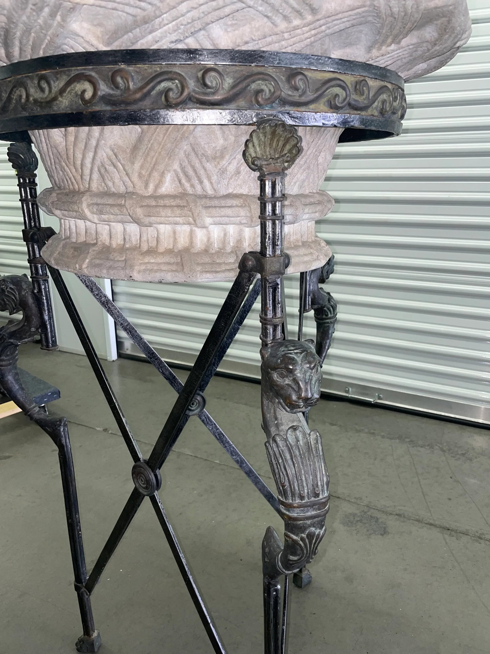 Neoclassical Revival Maitland-Smith Empire-Style Iron and Stone Lion Pedestal Jardiniere Planter - 5