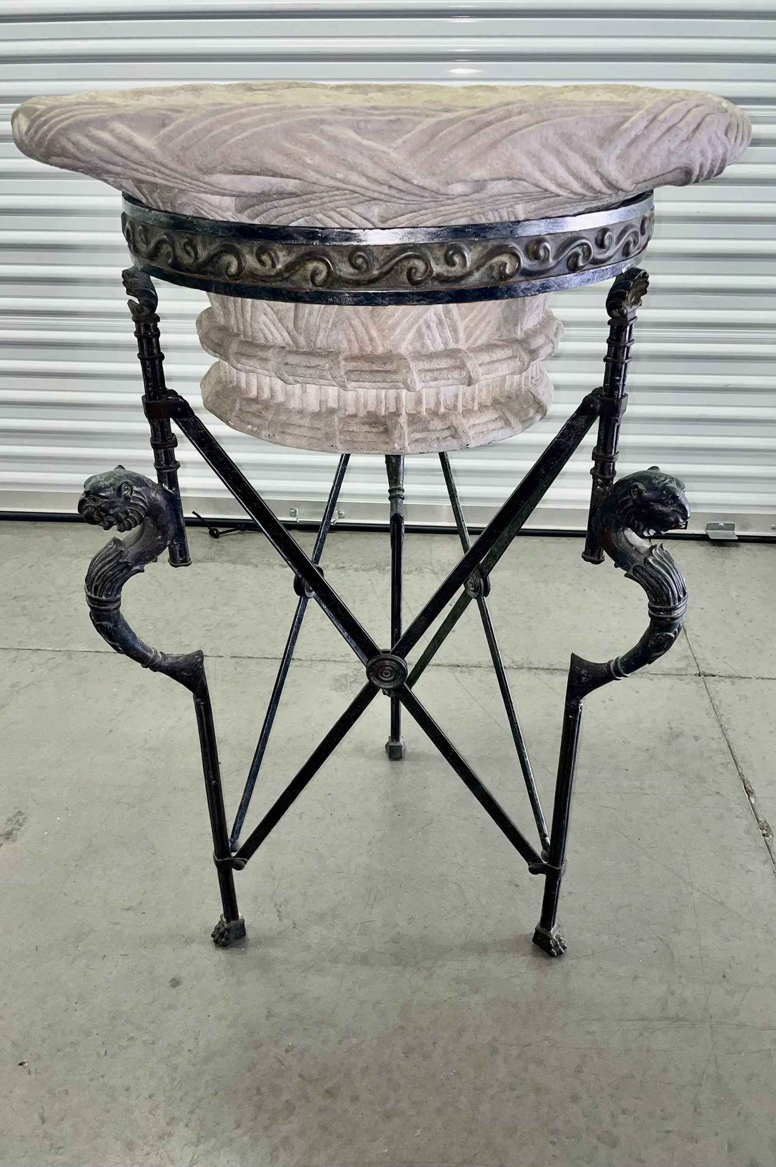 Neoclassical Revival Maitland-Smith Empire-Style Iron and Stone Lion Pedestal Jardiniere Planter - 7