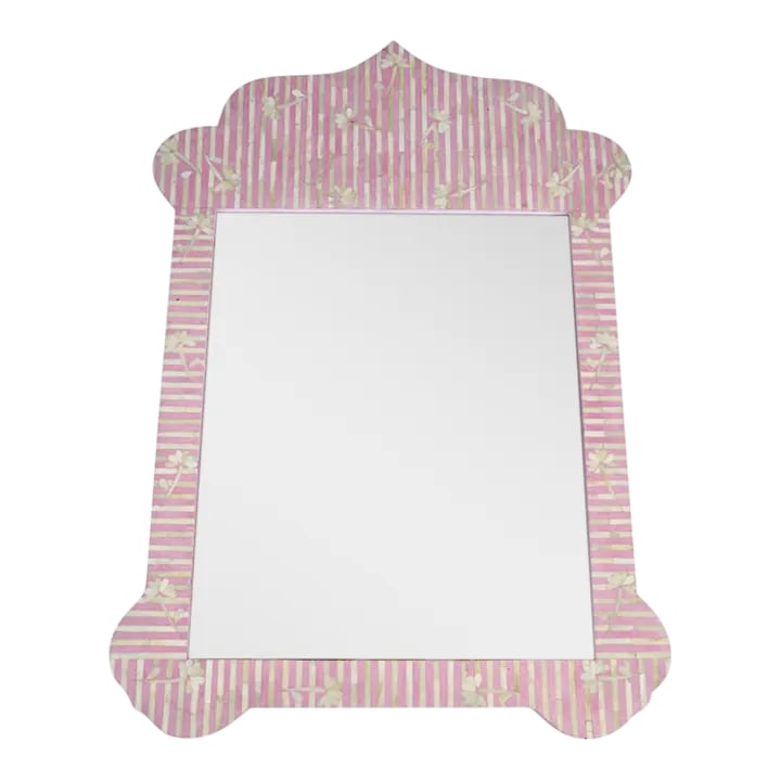 Taj Pink Bone Inlay Mirror: Admire your own beauty in this Taj arched mirror designed by Sheherazade's Rachid. The floral pattern is created using bone inlay on top of medium-density fiberboard. Size 36"" x 52" H Solid wood