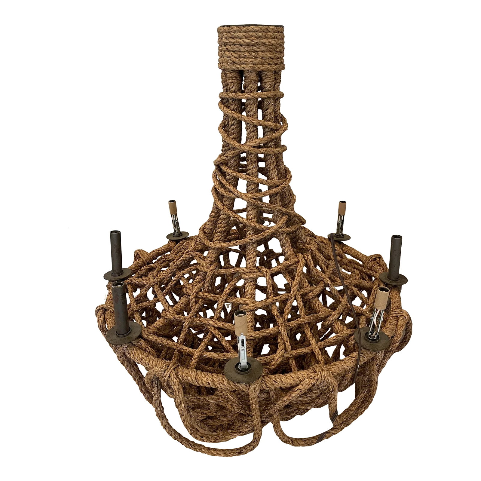 Made Goods Laszlo 8 Light Chandelier: Woven abaca is hand knotted tightly toward the bottom and artfully draped toward the top to create the silhouette of the Laszlo, a chandelier as organic as its shape is opulent. Utilitarian material