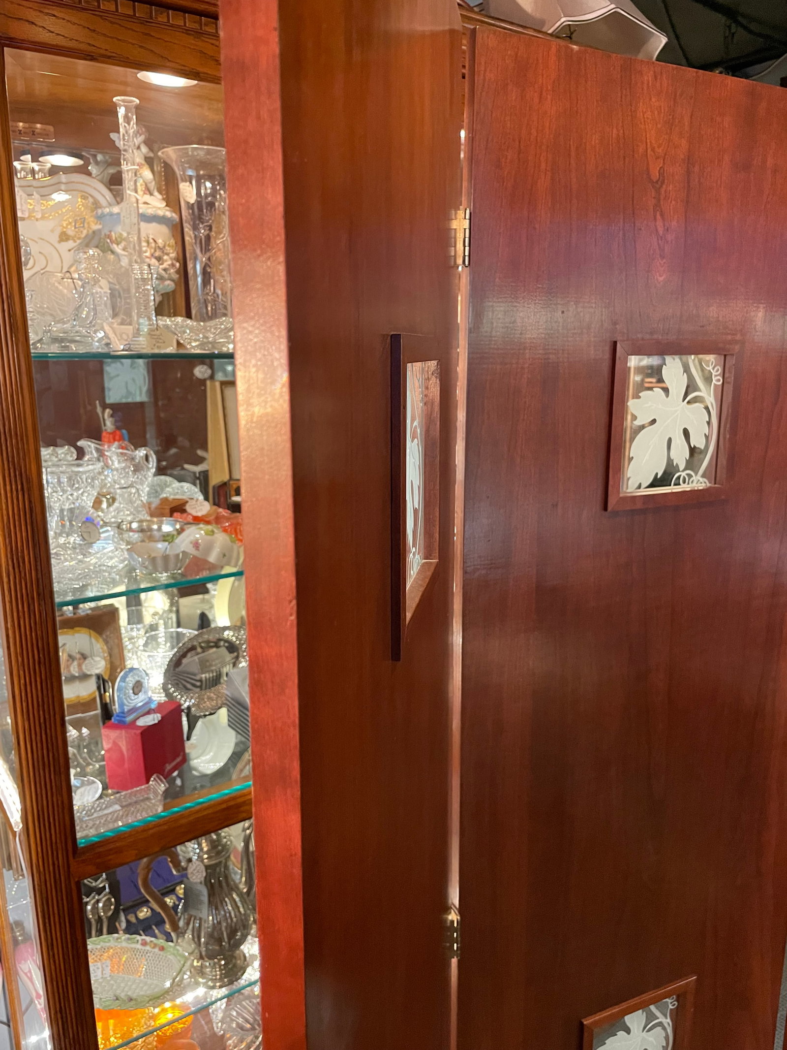 Vintage Art Deco Style Mahogany Etched Glass Three Panel Room Divider Screen - 11