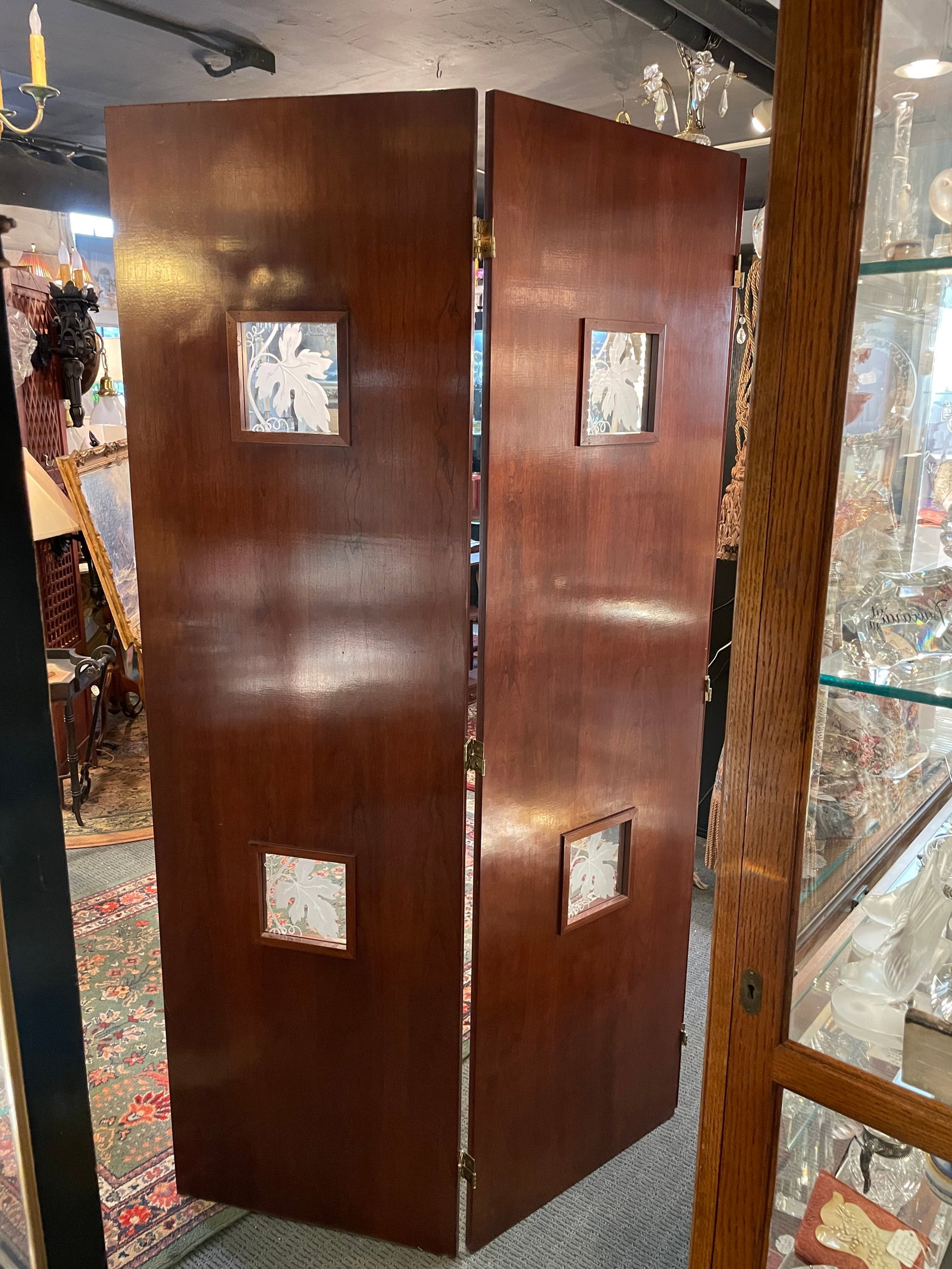 Vintage Art Deco Style Mahogany Etched Glass Three Panel Room Divider Screen - 12