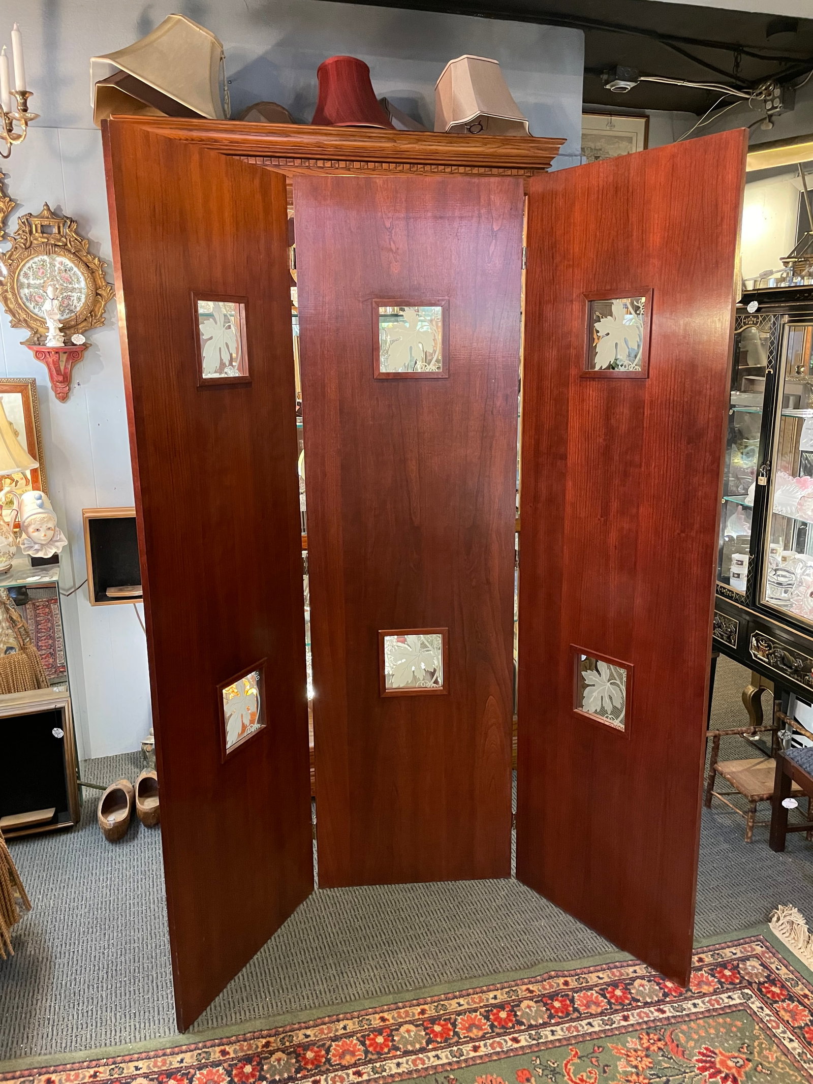 Vintage Art Deco Style Mahogany Etched Glass Three Panel Room Divider Screen - 13