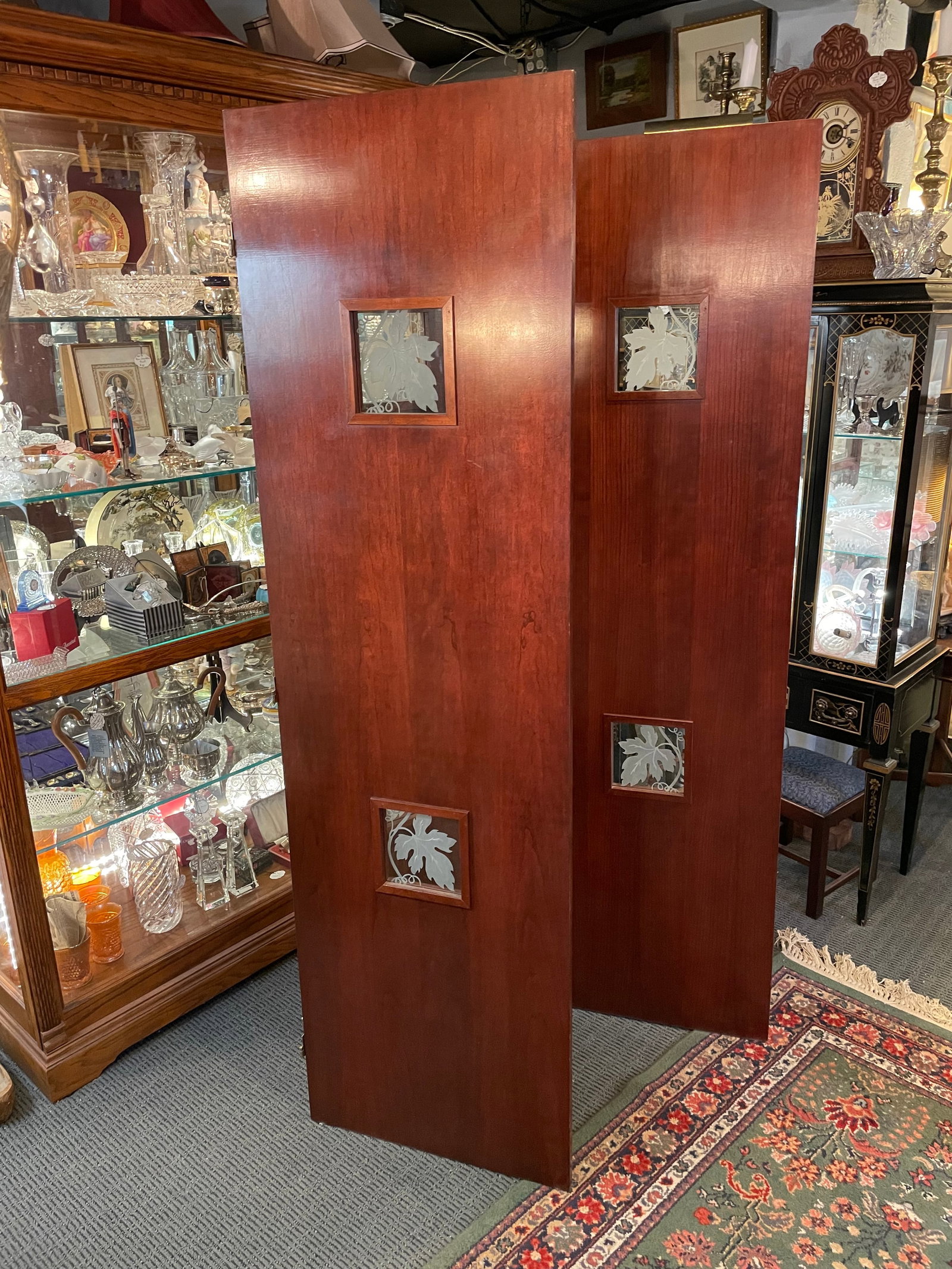Vintage Art Deco Style Mahogany Etched Glass Three Panel Room Divider Screen - 2