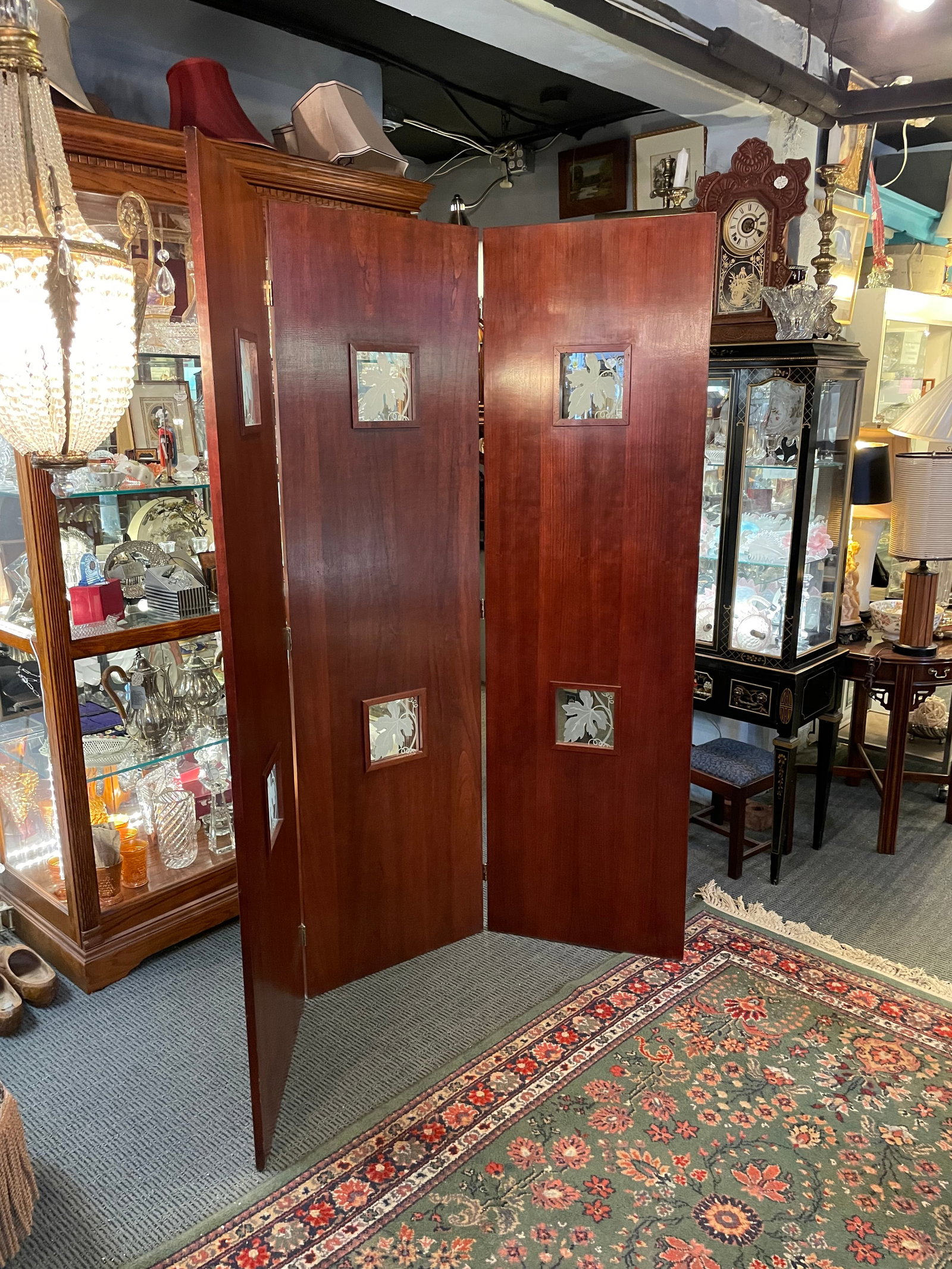 Vintage Art Deco Style Mahogany Etched Glass Three Panel Room Divider Screen - 7