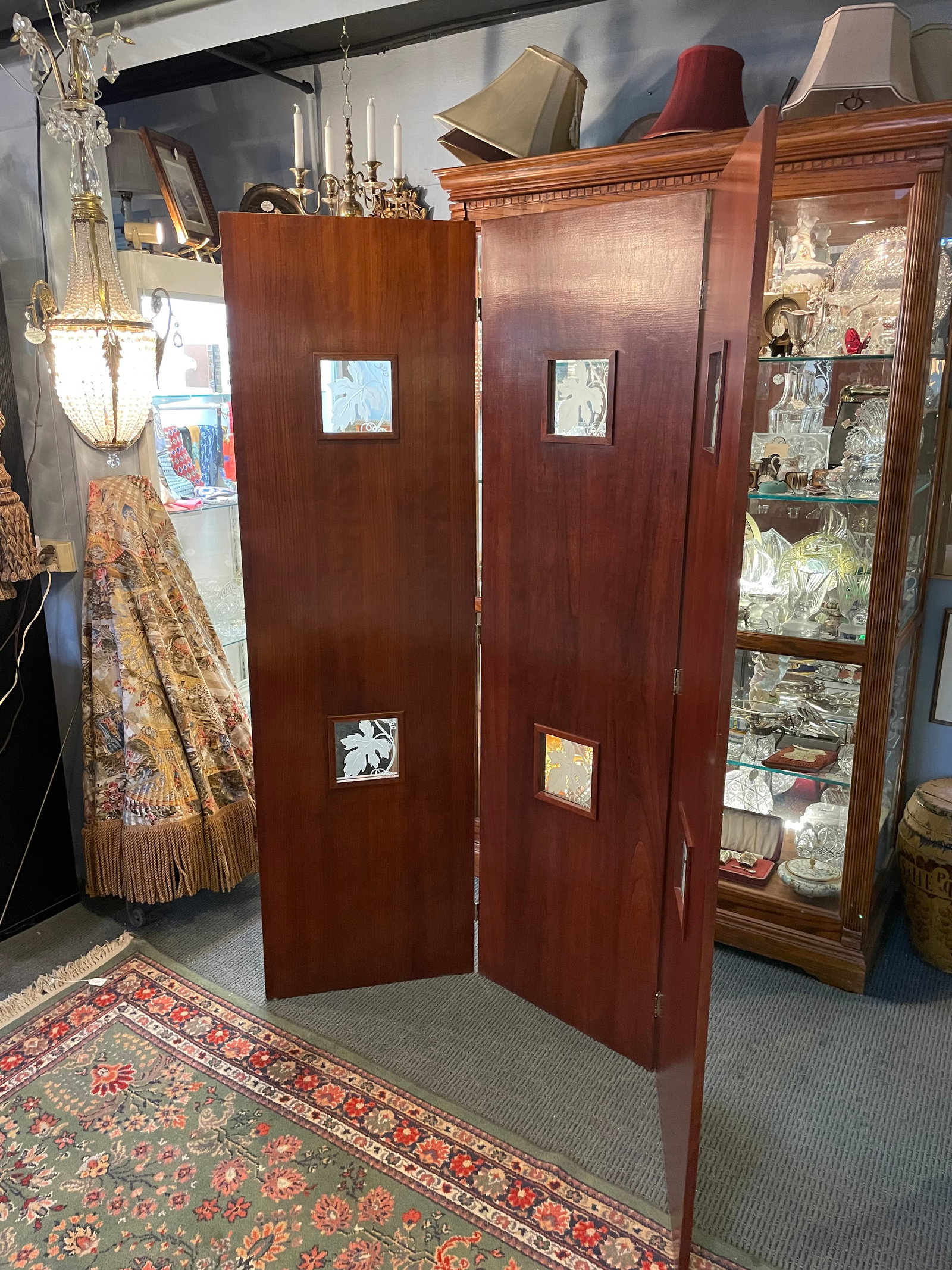 Vintage Art Deco Style Mahogany Etched Glass Three Panel Room Divider Screen - 8