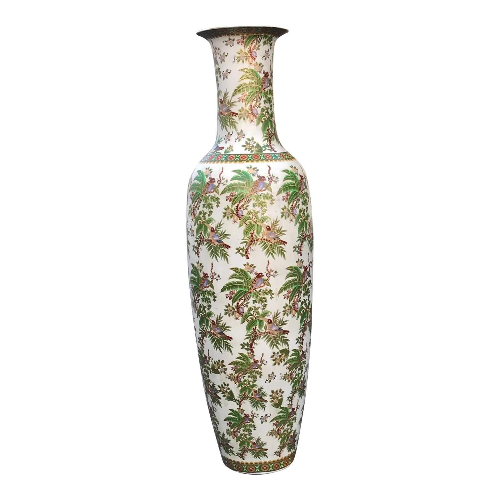 1960s Mid Century Large Ceramic Floor Vase Tropical Birds: Vintage , Mid-Century floor vase. Beautiful parrots & palm tree leaves. This floor vase is 72" Tall ! Beautiful Palm Beach tropical style. Floor vase measuring 20" in diameter and 72" tall. Hand