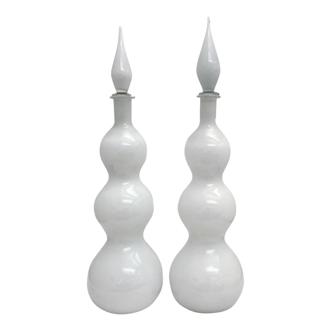 Mid-Century Modern Triple Gurgle White Cased Glass Decanters- Set of 2: As Pair, Triple Gurgle White Cased Glass Decanters 27"H x 71/4"D Condition: Alterations: Original Condition Unaltered Imperfections: Some Imperfections Condition Notes: Many antique glass pieces have