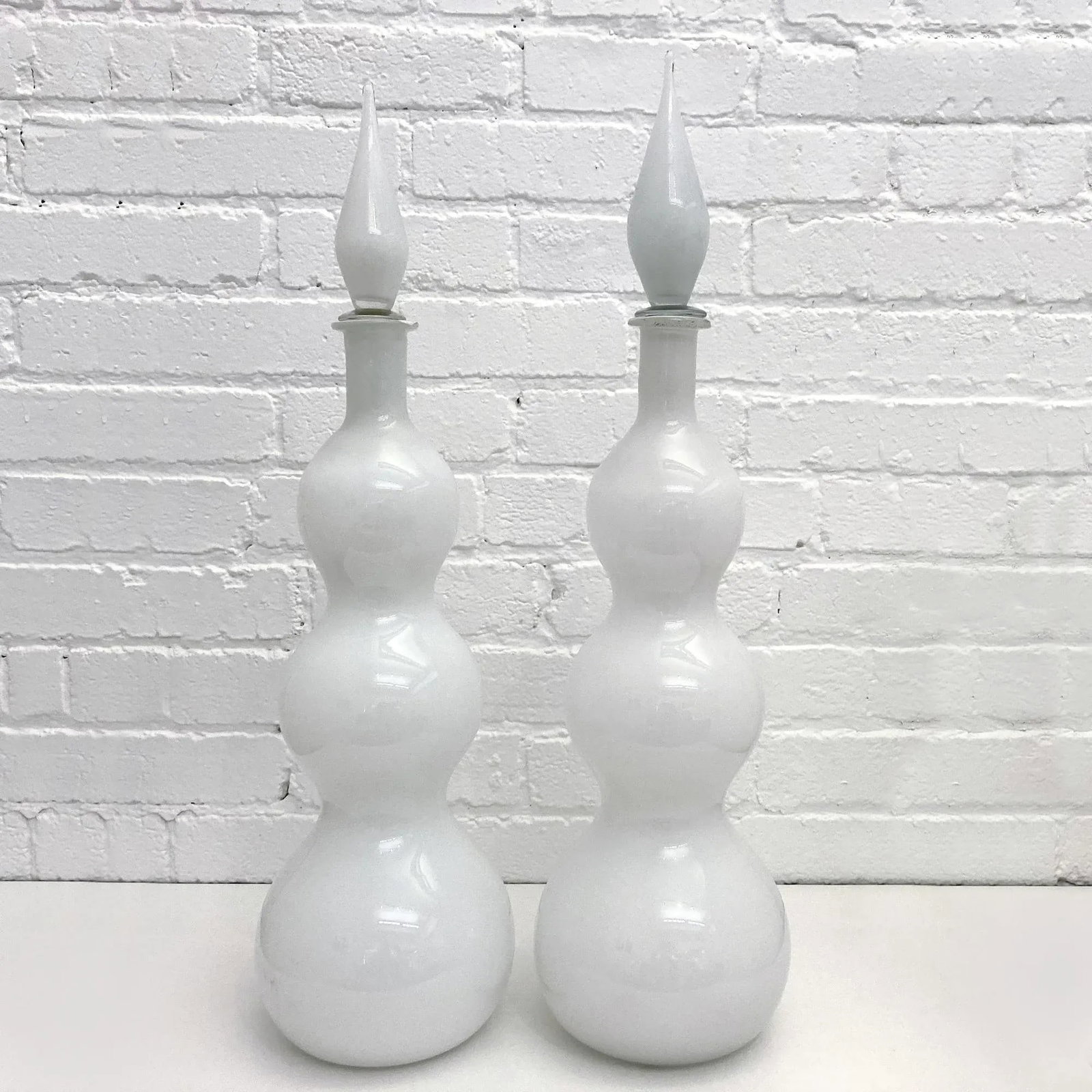 Mid-Century Modern Triple Gurgle White Cased Glass Decanters- Set of 2 - 2